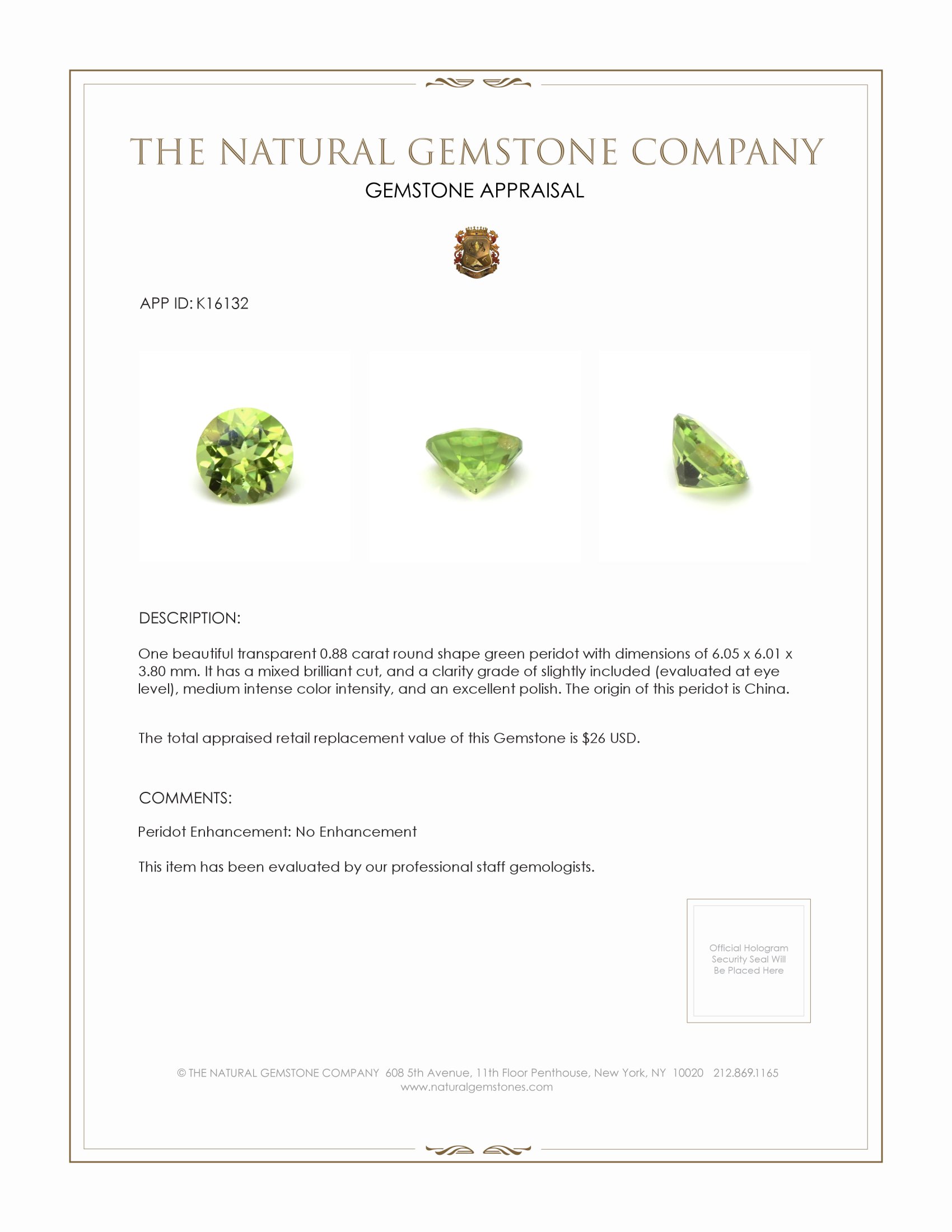 0.88 Ct. Peridot from China