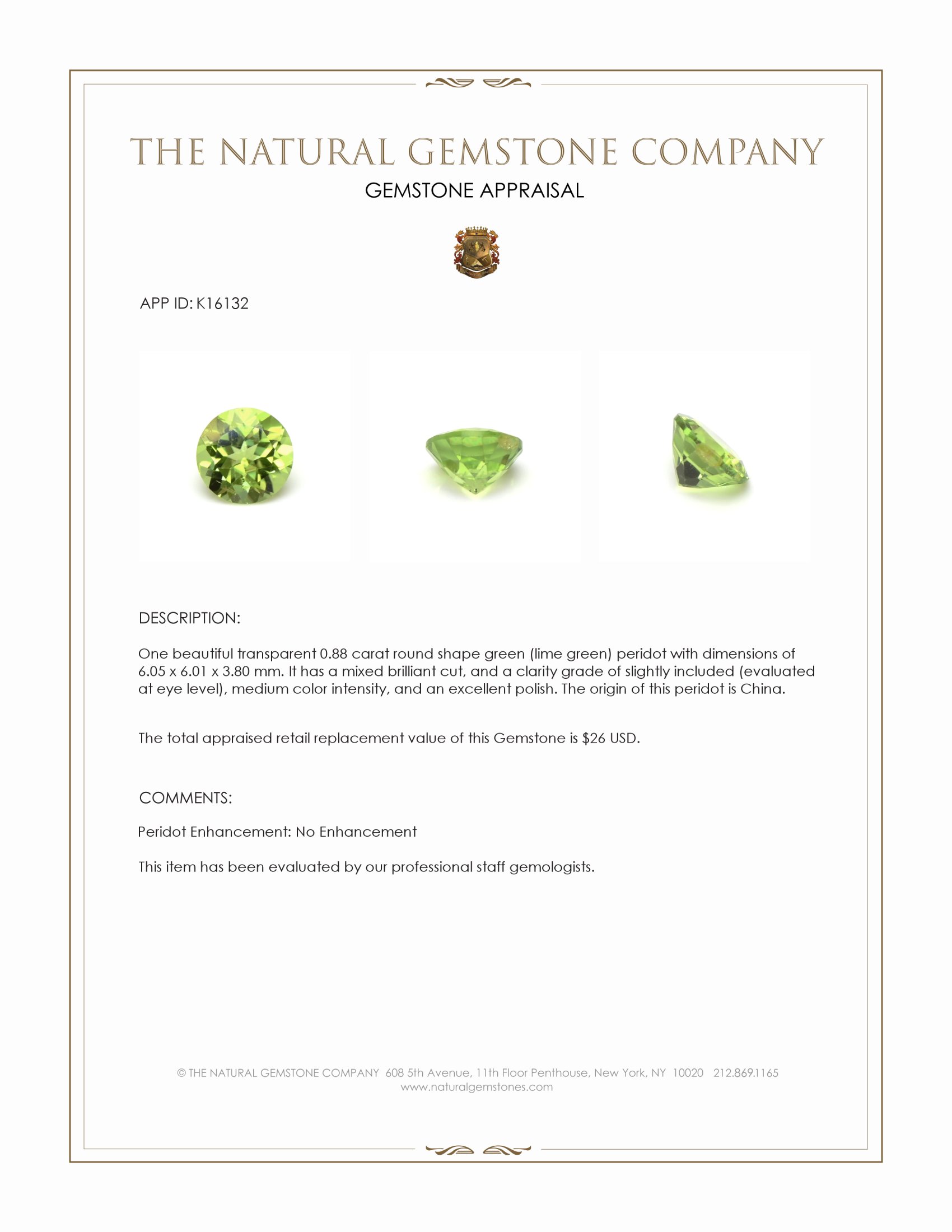 0.88 Ct. Green (Lime Green) Peridot from China