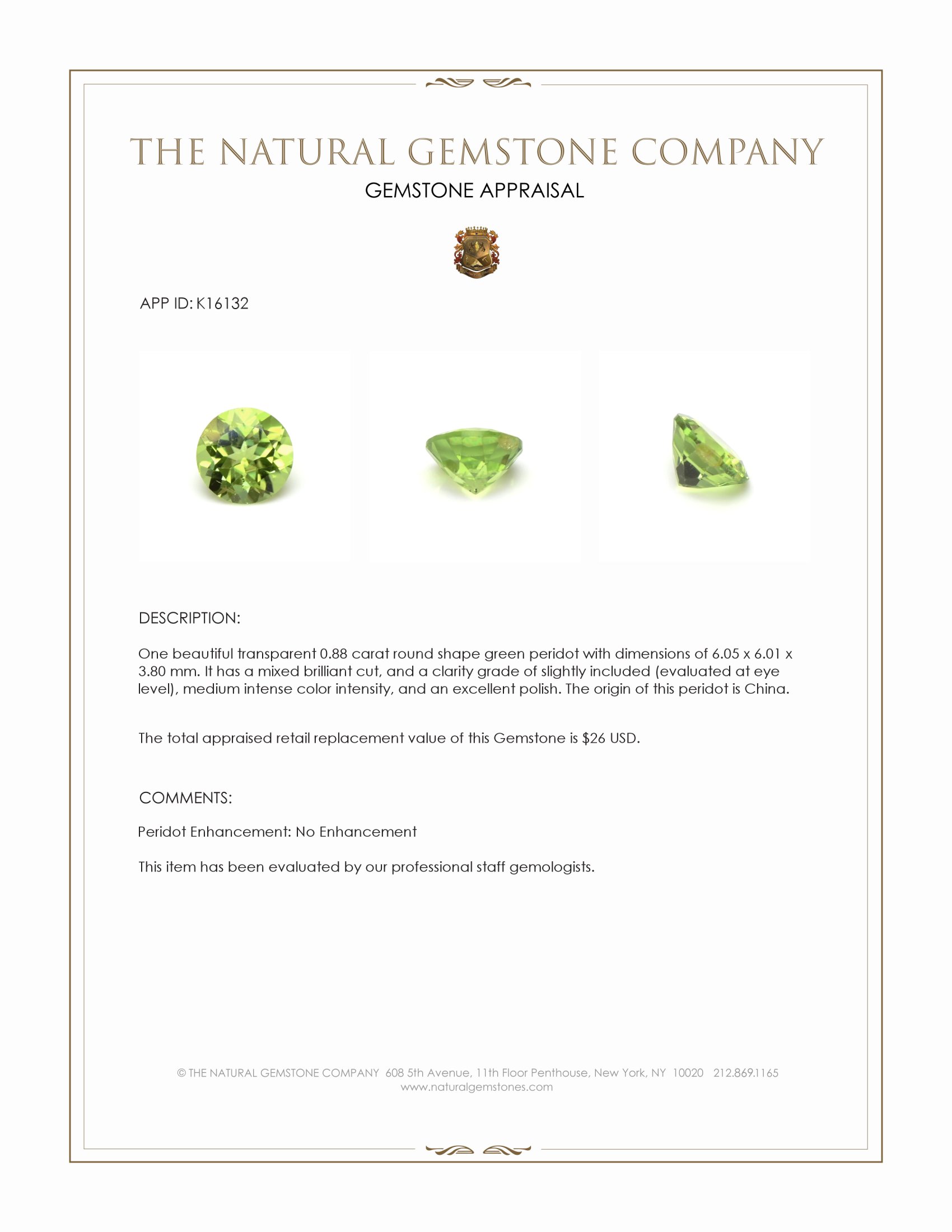 0.88 Ct. Peridot from China