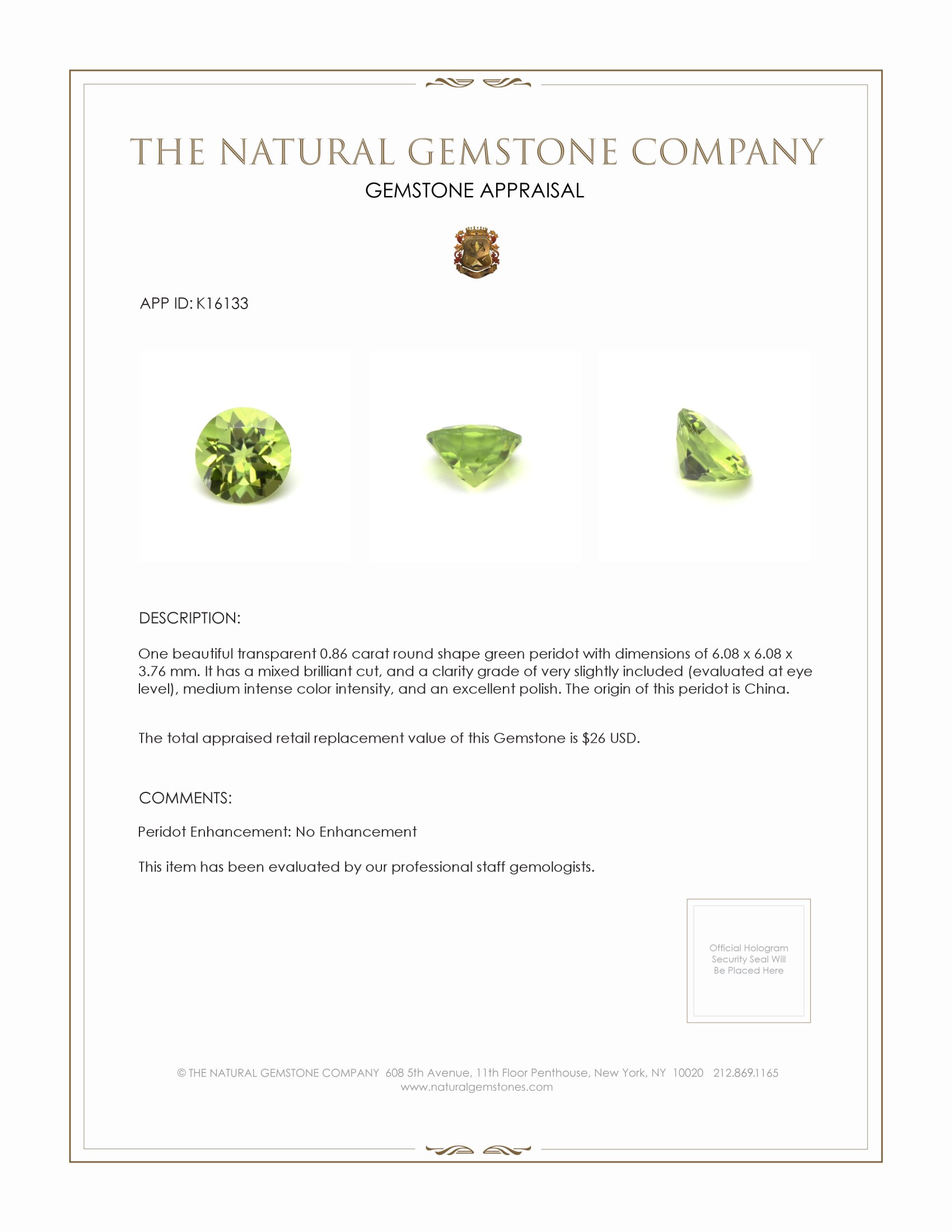 0.86 Ct. Peridot from China