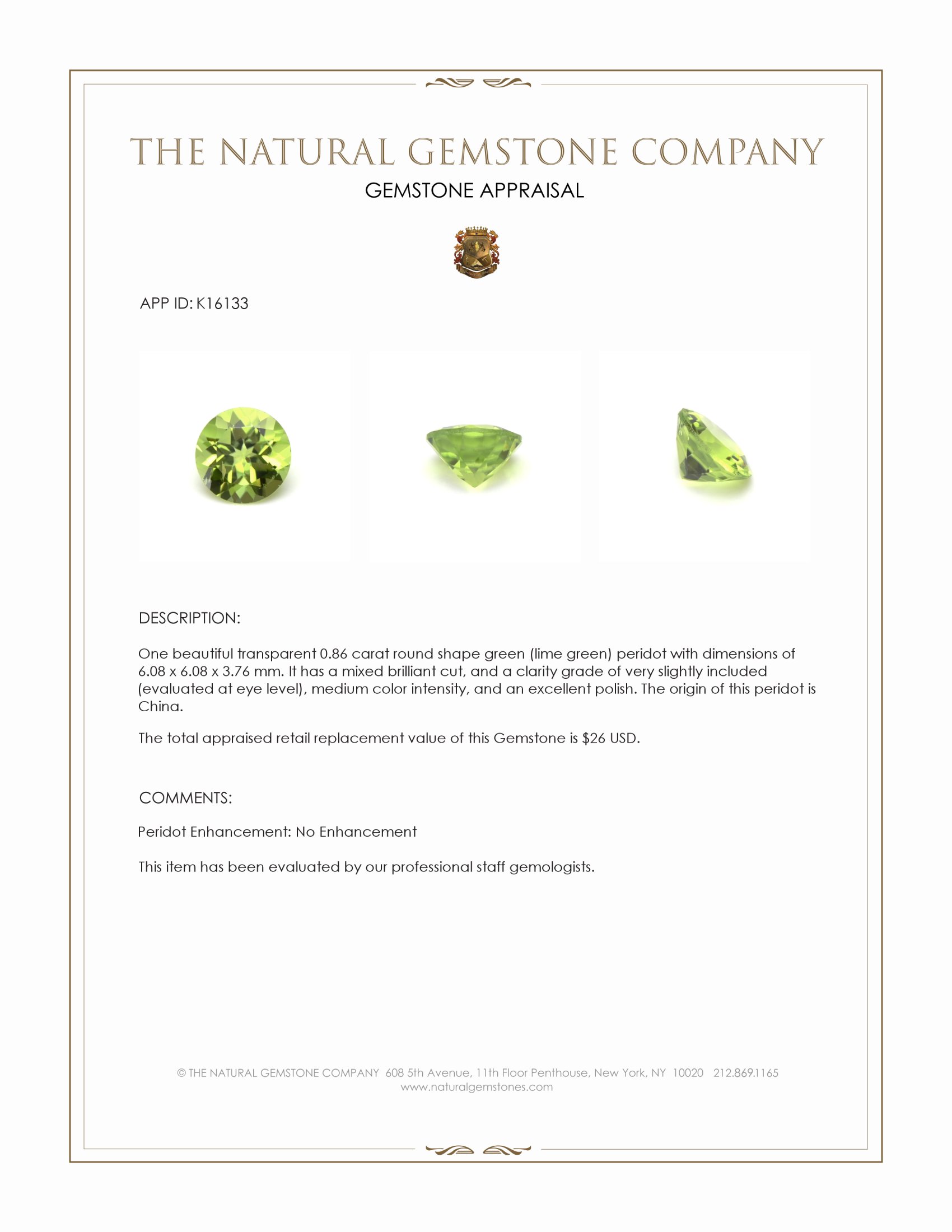 0.86 Ct. Green (Lime Green) Peridot from China