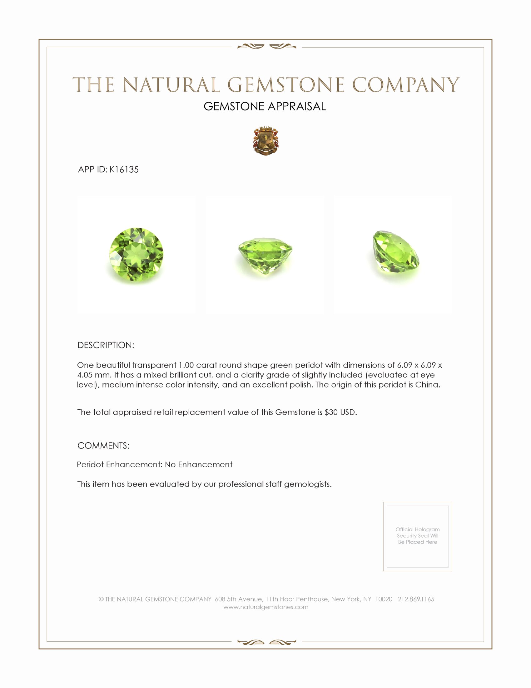 1.00 Ct. Peridot from China