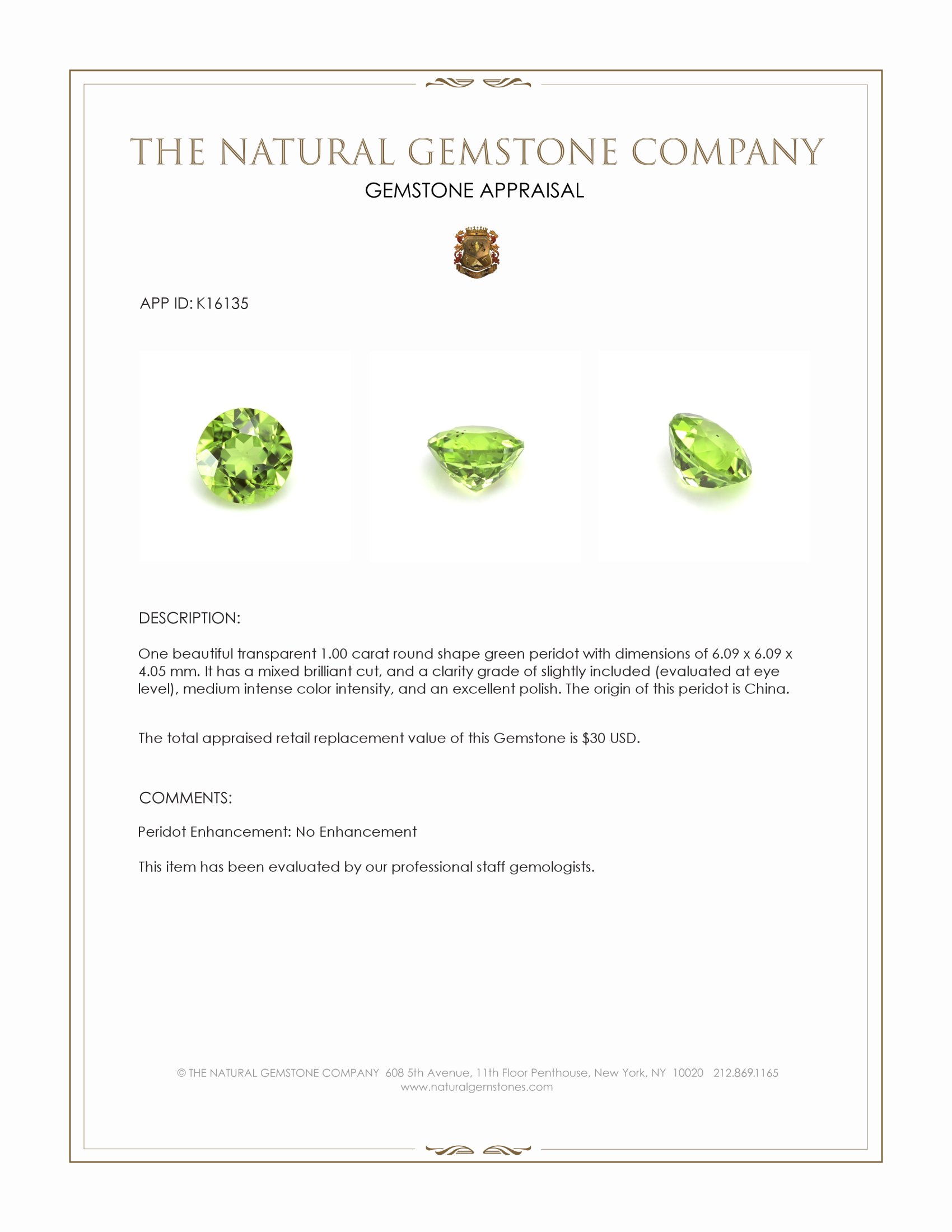 1.00 Ct. Peridot from China