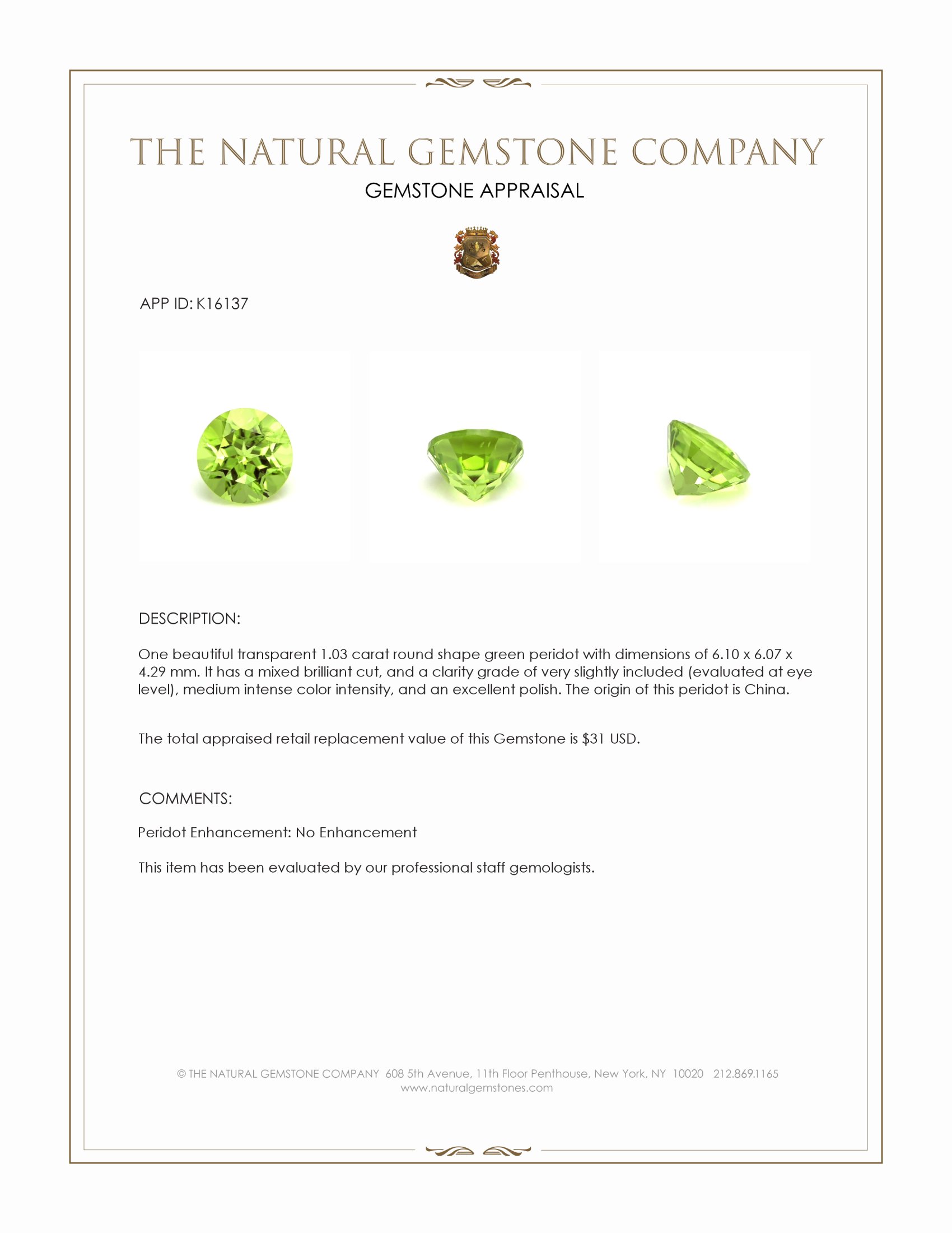 1.03 Ct. Peridot from China