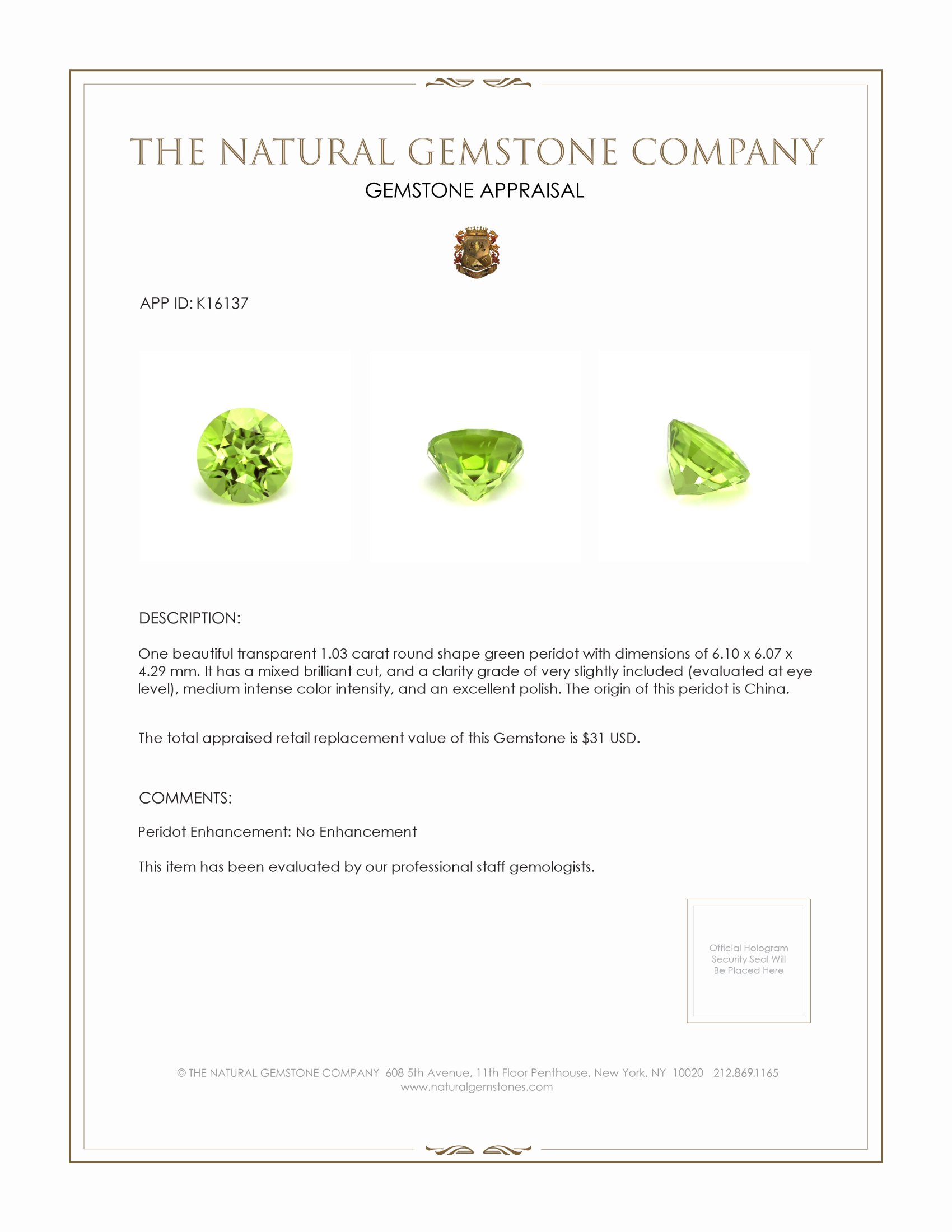 1.03 Ct. Peridot from China