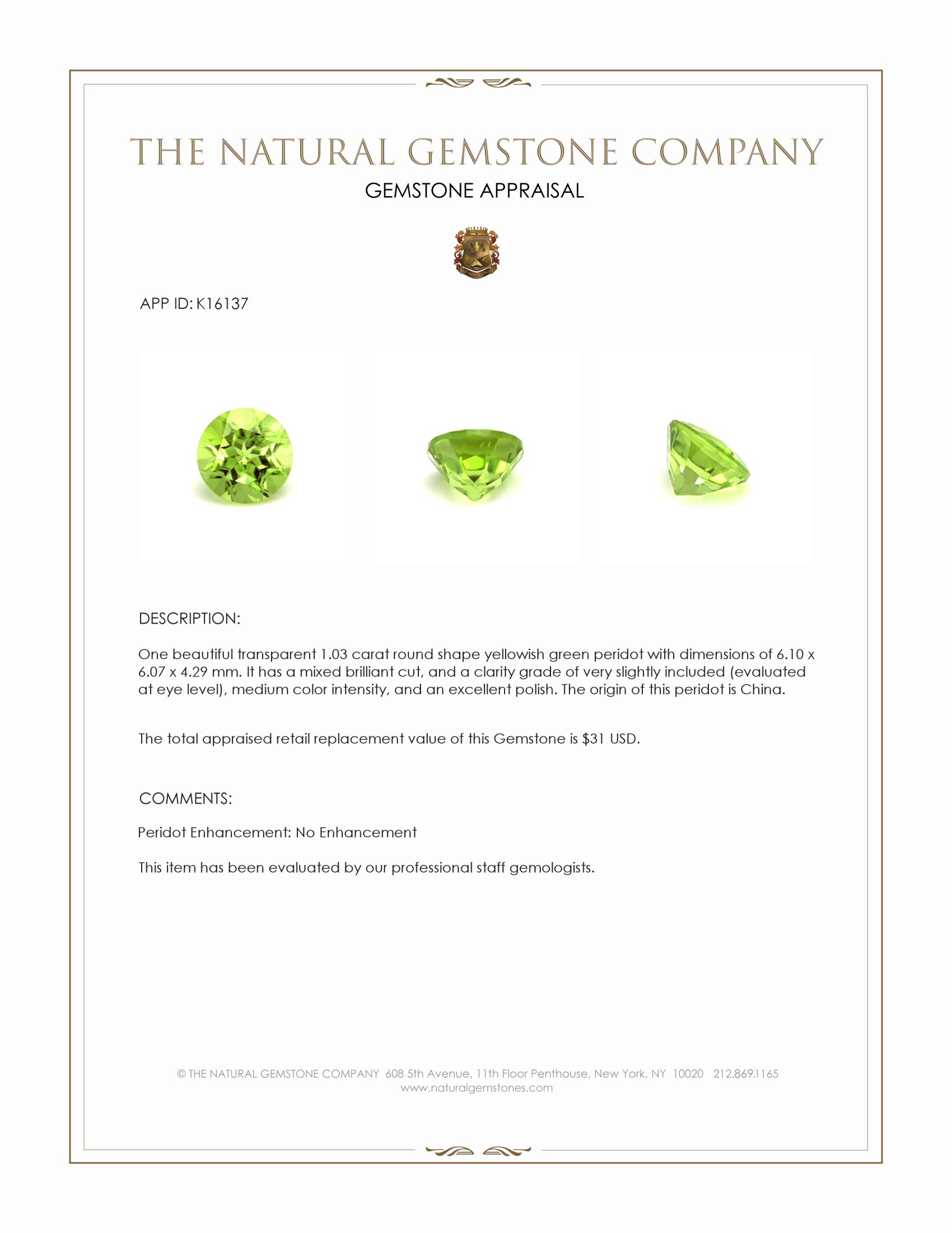 1.03 Ct. Yellowish Green Peridot from China