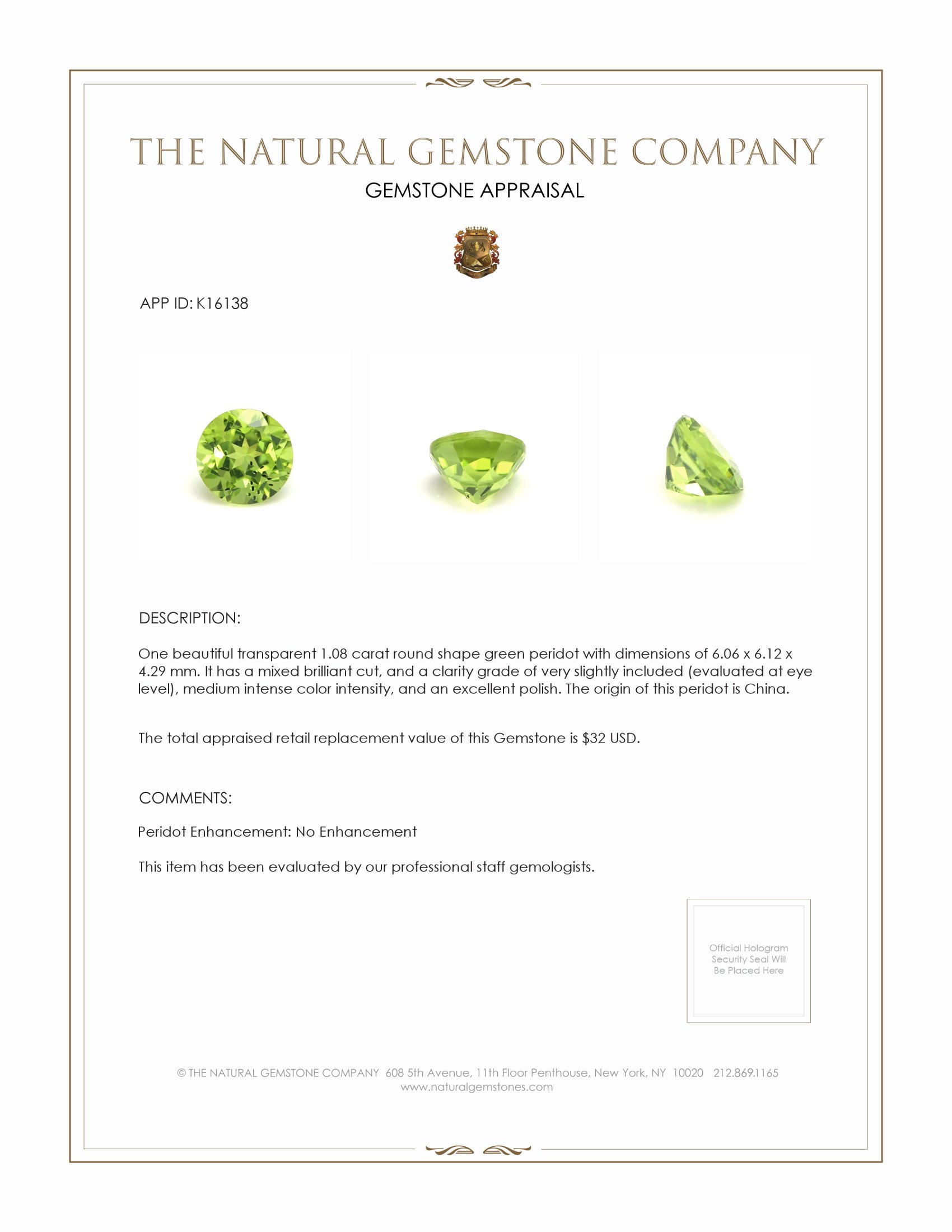 1.08 Ct. Peridot from China