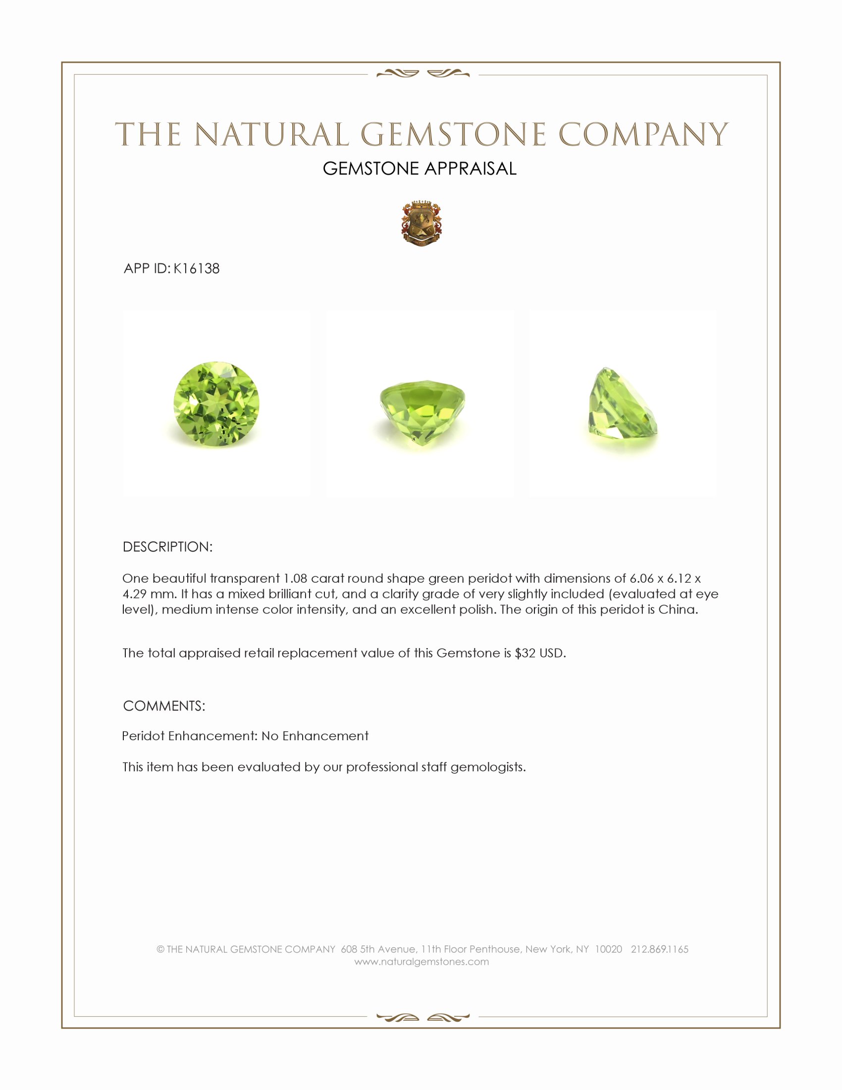 1.08 Ct. Peridot from China