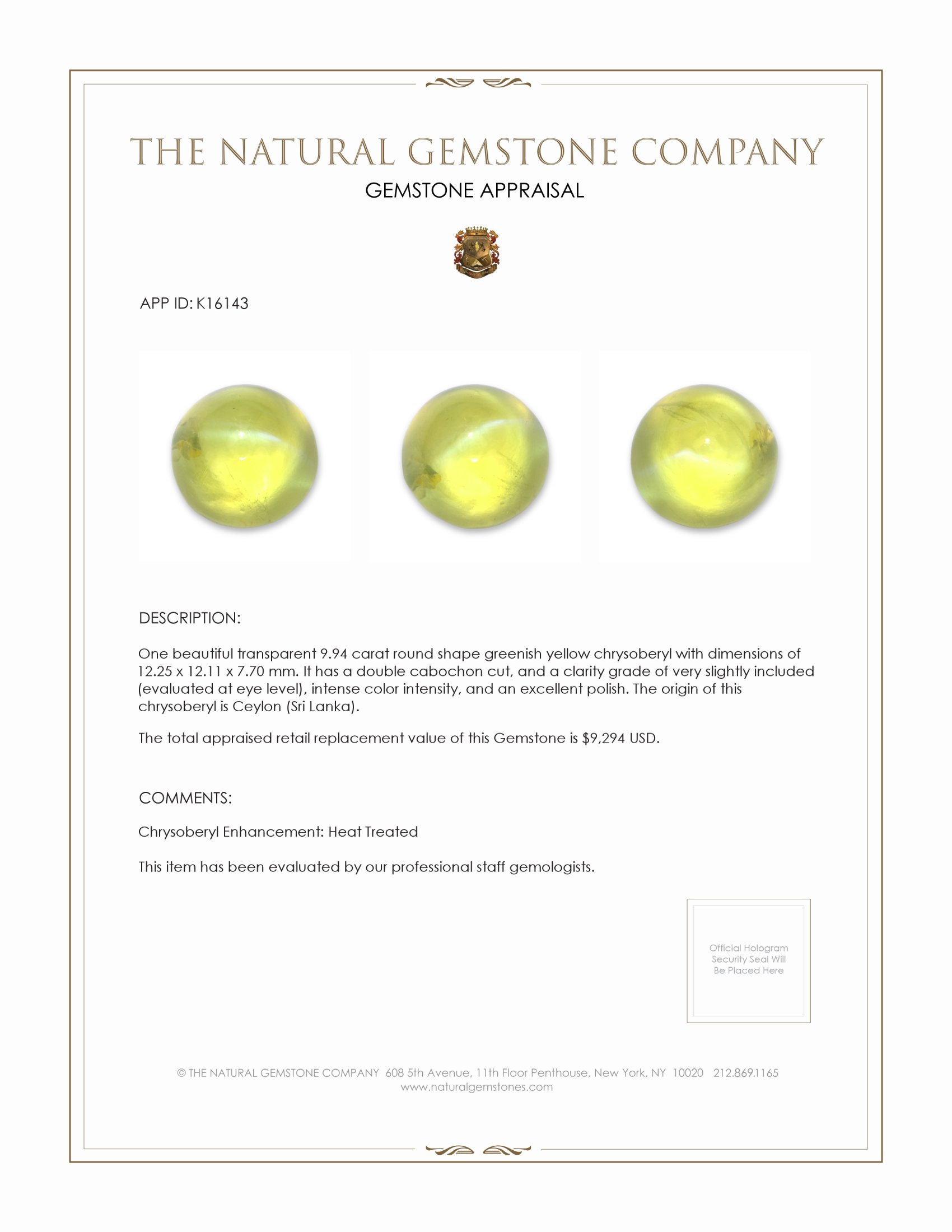 9.94 Ct. Cabochon Chrysoberyl from Ceylon (Sri Lanka)