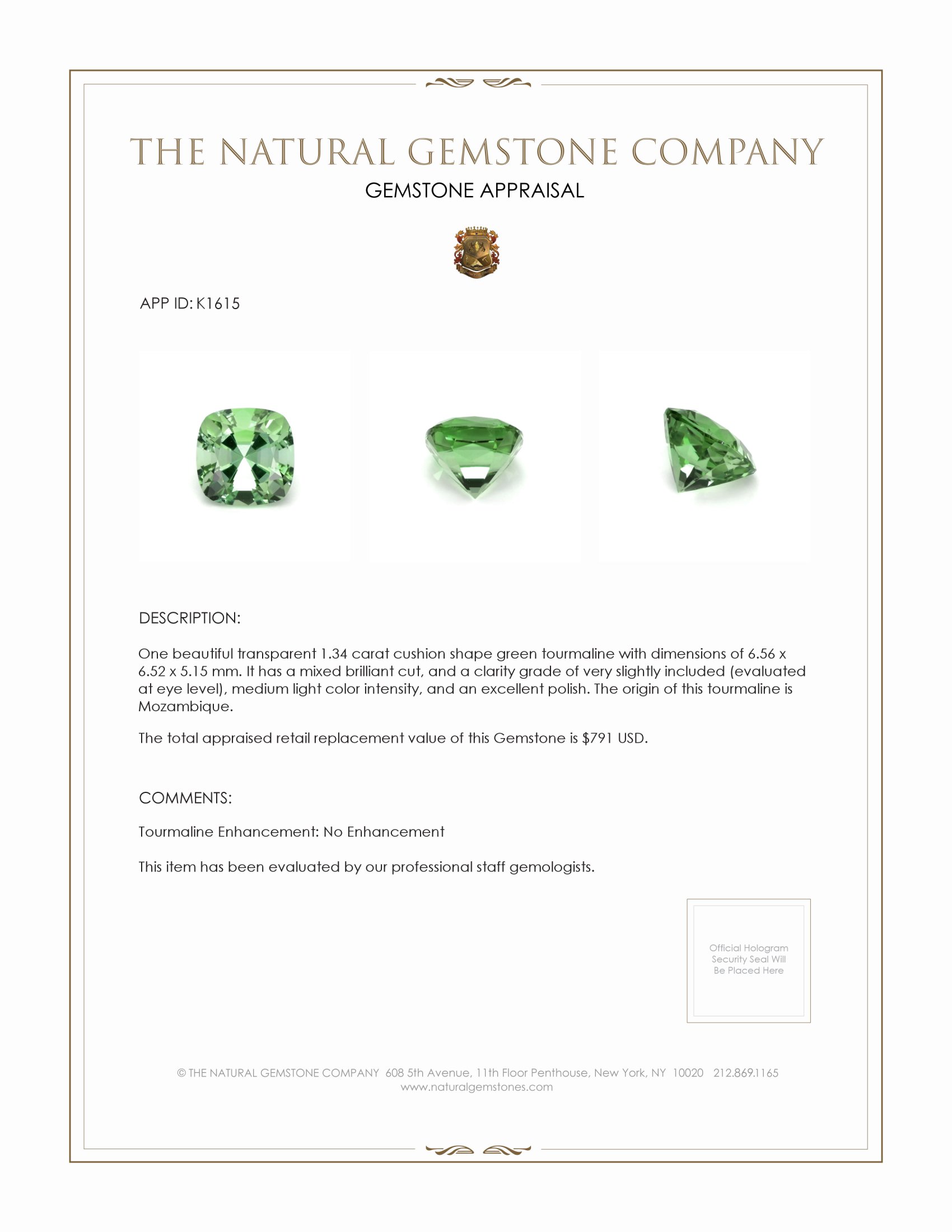 1.34 Ct. Green Tourmaline from Mozambique