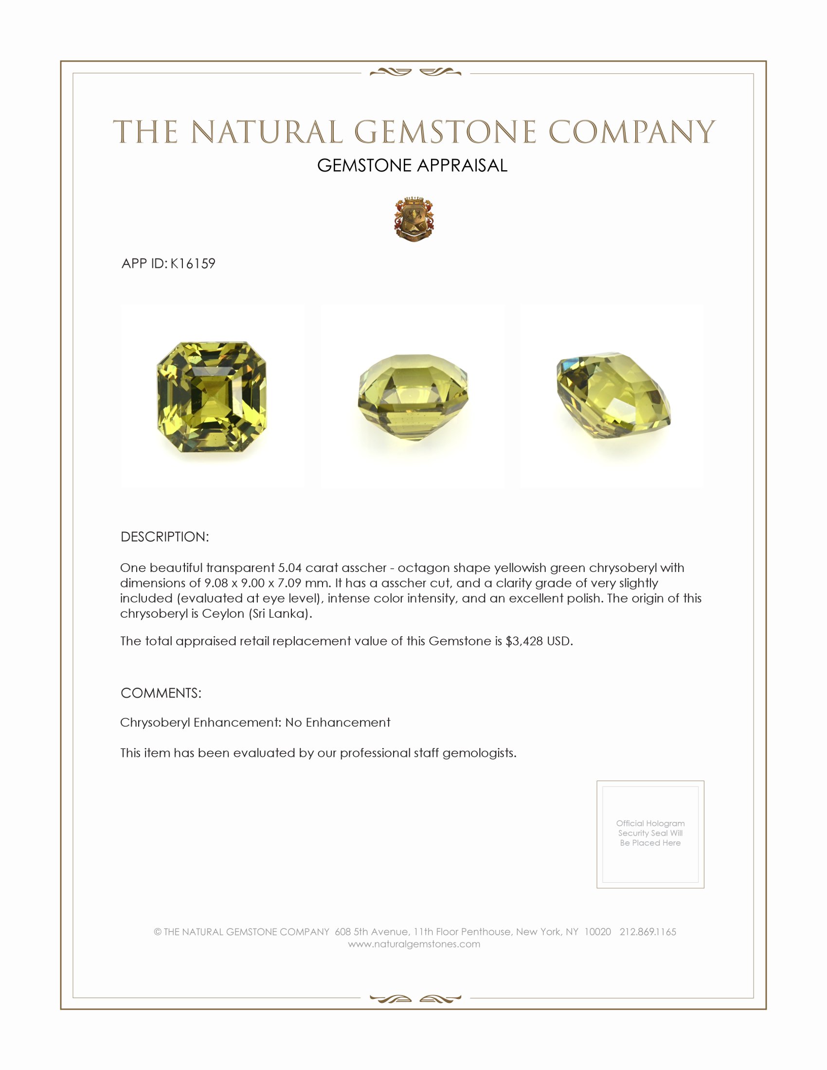 5.04 Ct. Yellowish Green Chrysoberyl from Ceylon (Sri Lanka)