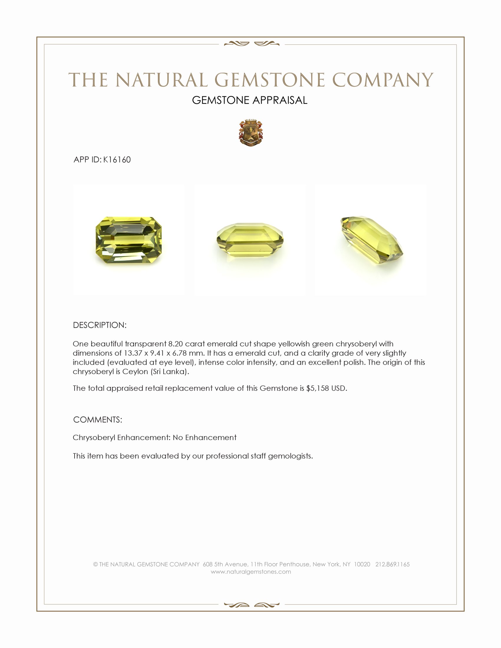 8.20 Ct. Yellowish Green Chrysoberyl from Ceylon (Sri Lanka)
