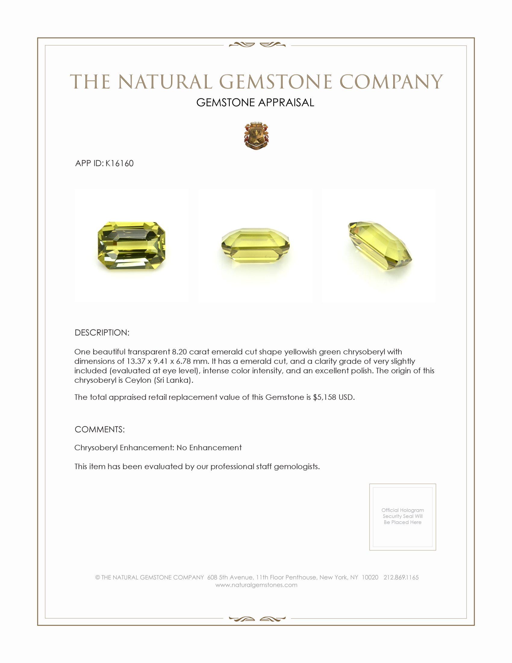 8.20 Ct. Chrysoberyl from Ceylon (Sri Lanka)