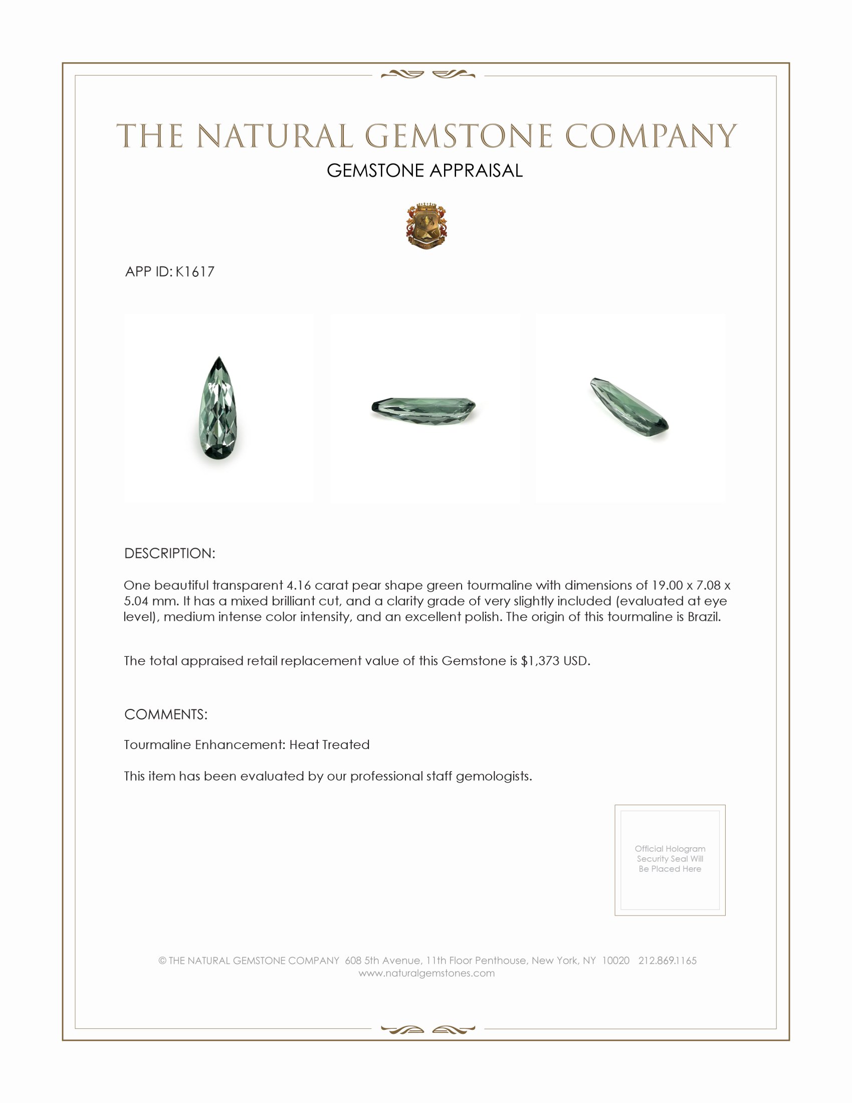 4.16 Ct. Tourmaline from Brazil