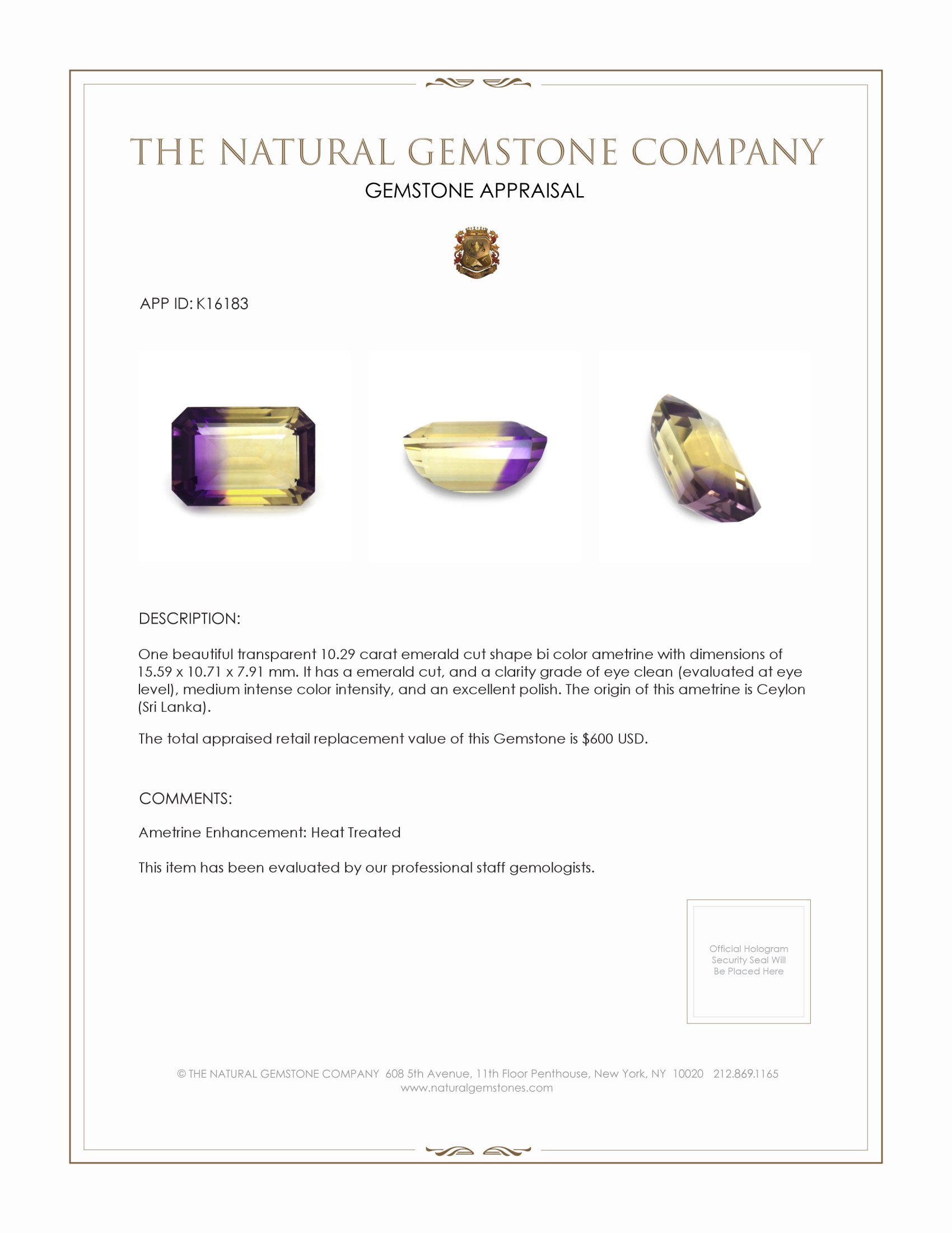 10.29 Ct. Ametrine from Ceylon (Sri Lanka)