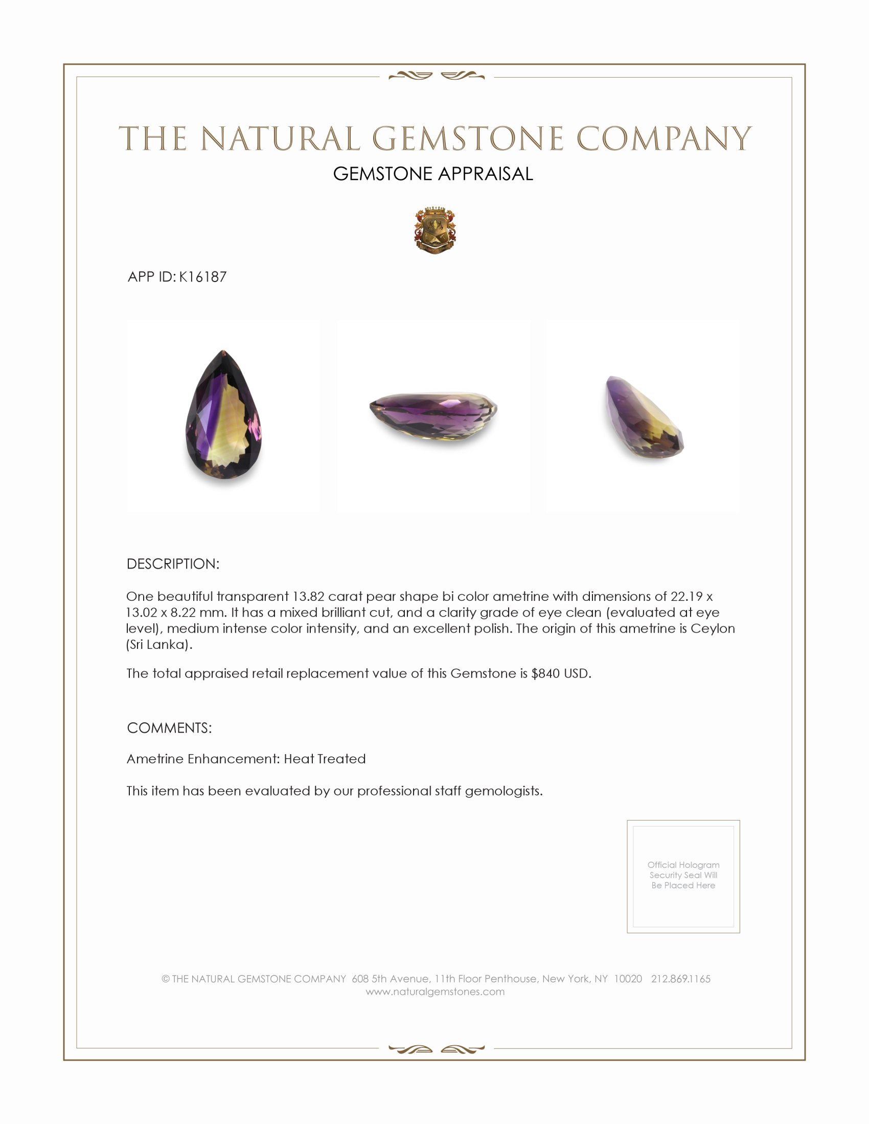 13.82 Ct. Bi Color Ametrine from Ceylon (Sri Lanka)