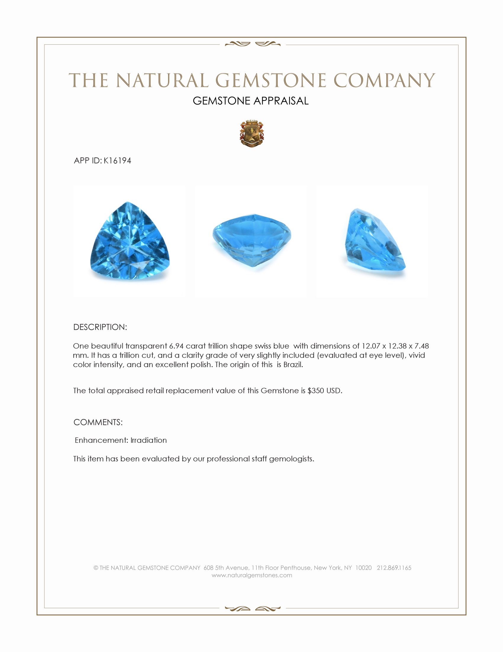 6.94 Ct. Swiss Blue Topaz from Brazil