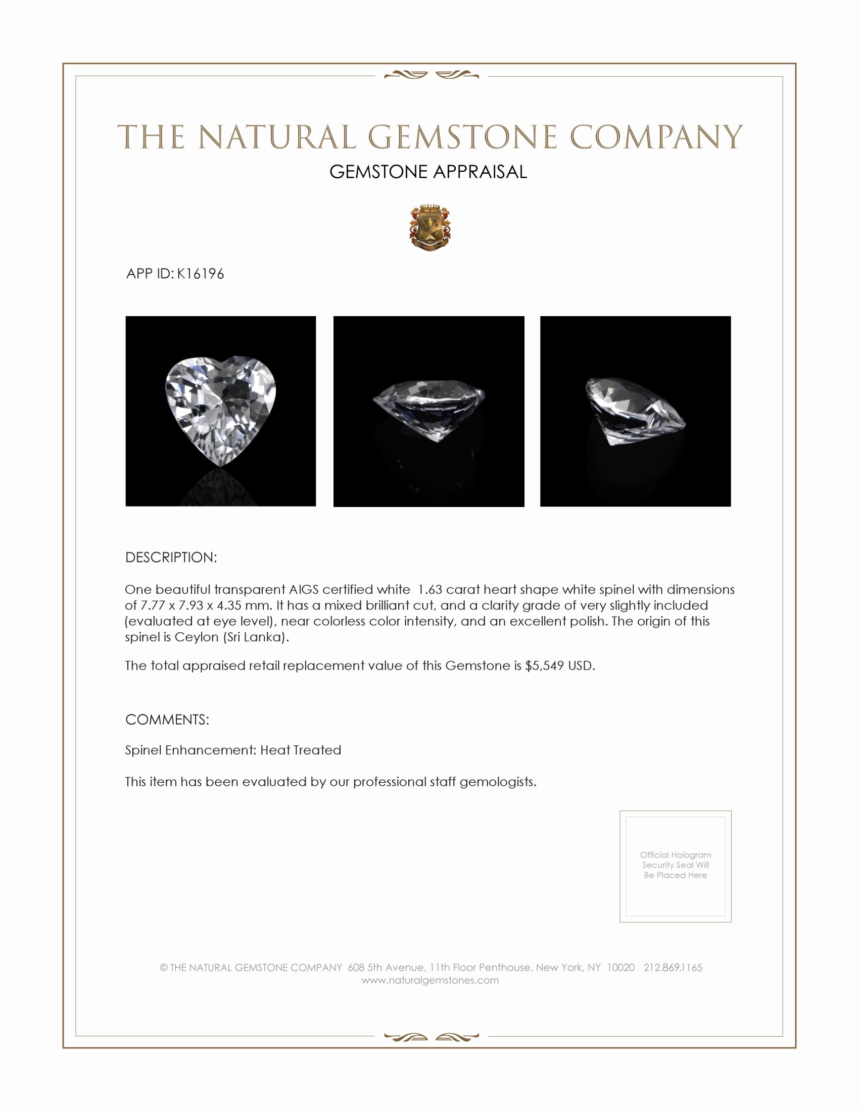 1.63 Ct. White Spinel from Ceylon (Sri Lanka)