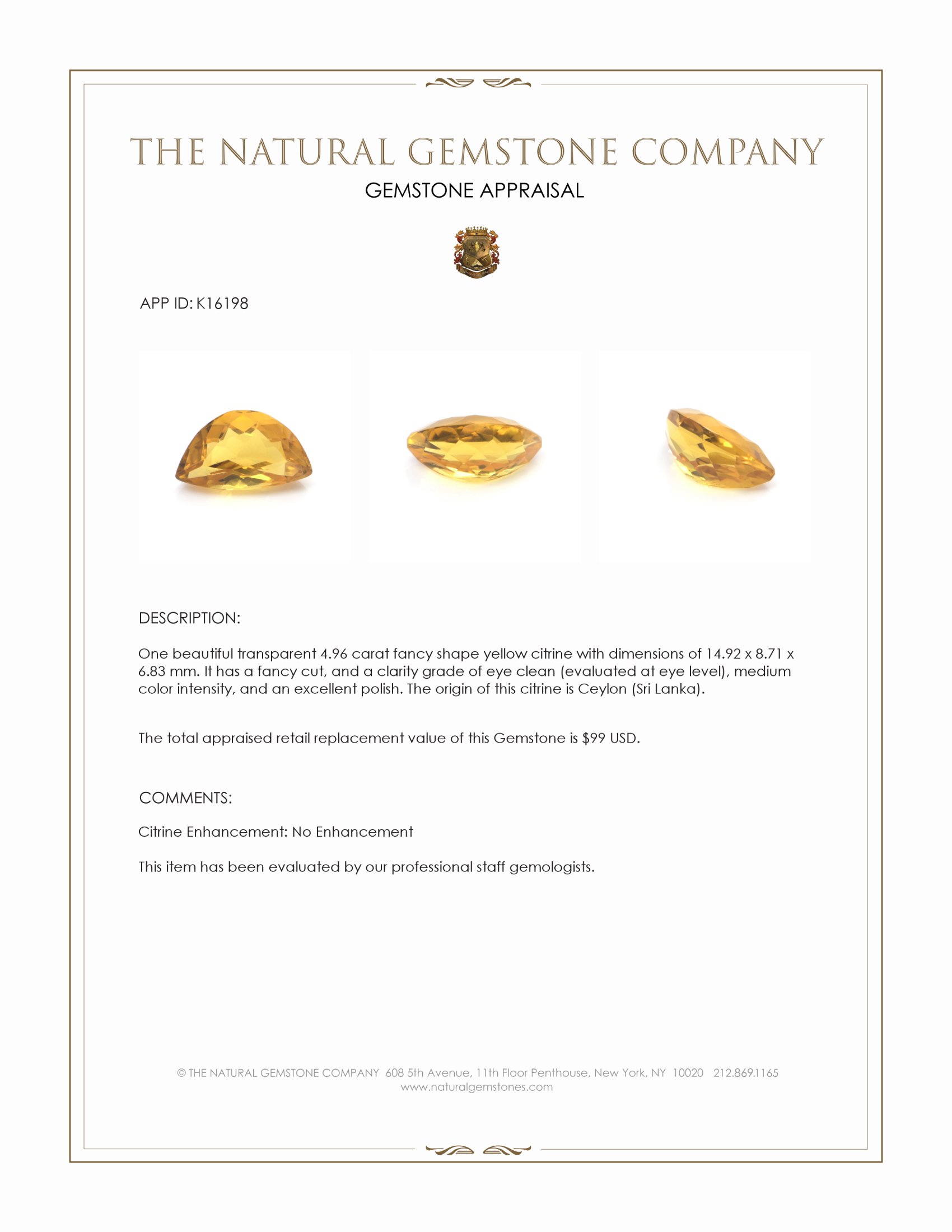 4.96 Ct. Citrine from Ceylon (Sri Lanka)