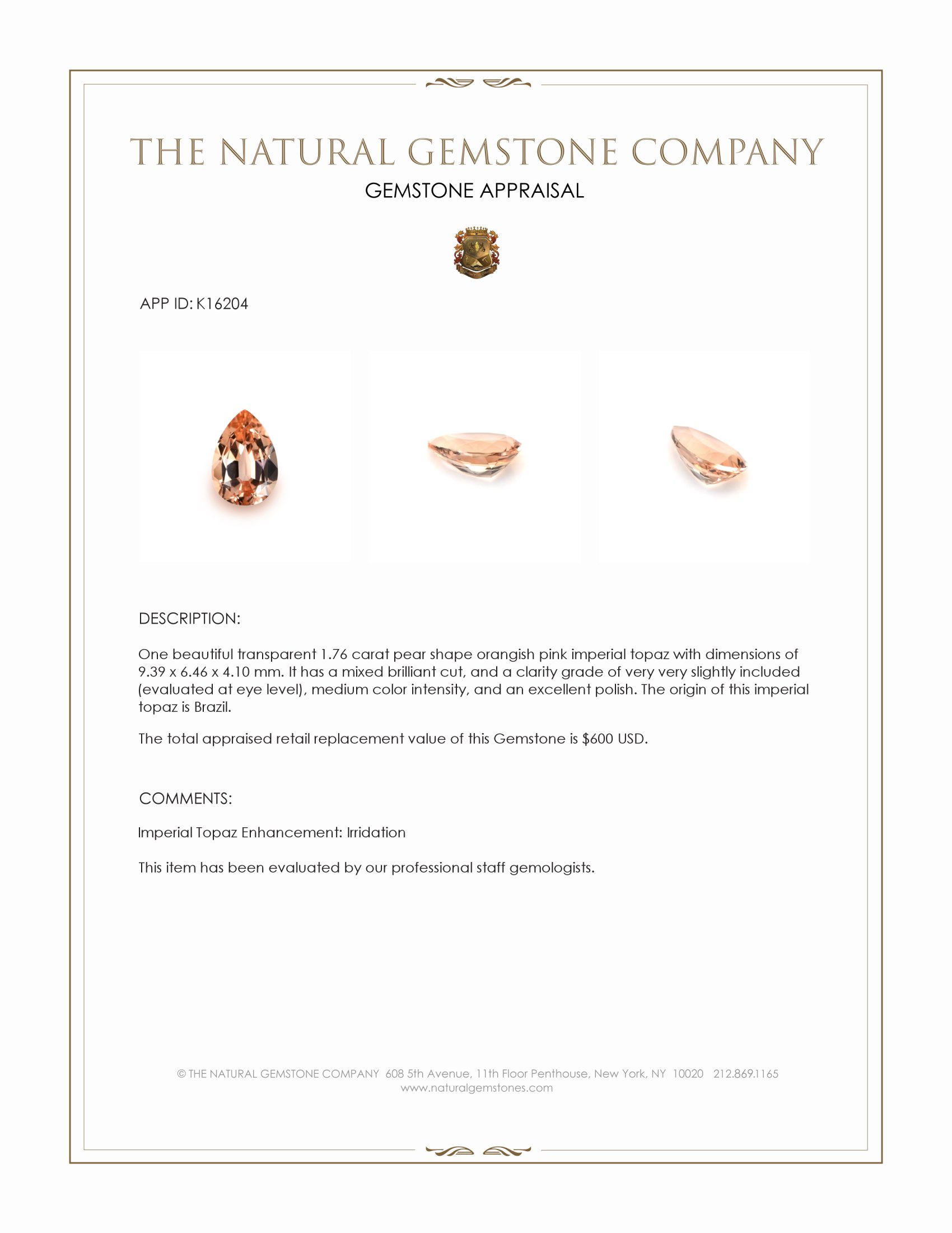 1.76 Ct. Imperial Topaz from Brazil