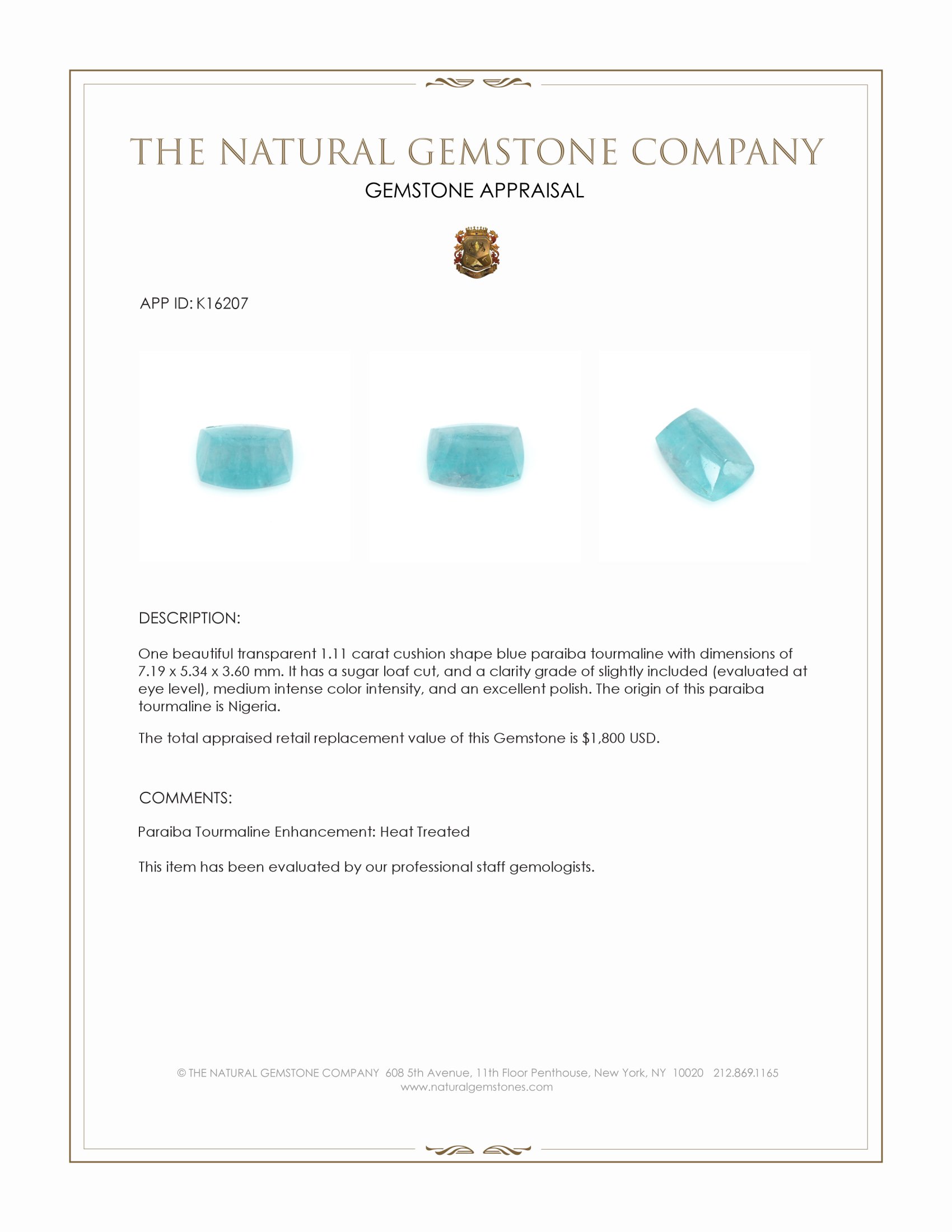 1.11 Ct. Cabochon Paraiba Tourmaline from Nigeria