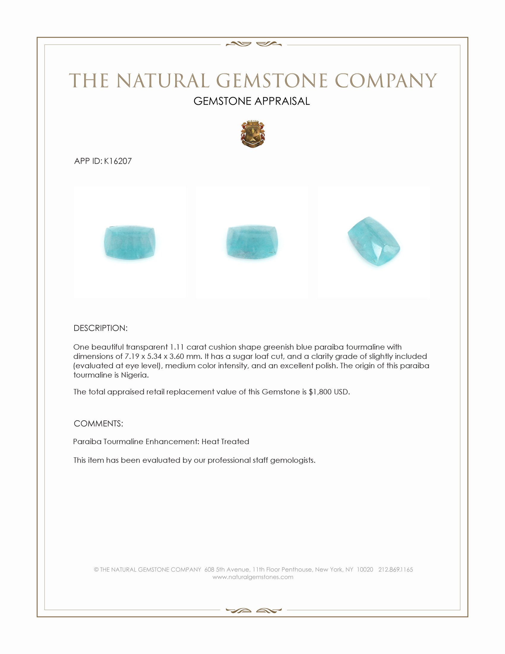 1.11 Ct. Cabochon Paraiba Tourmaline from Nigeria