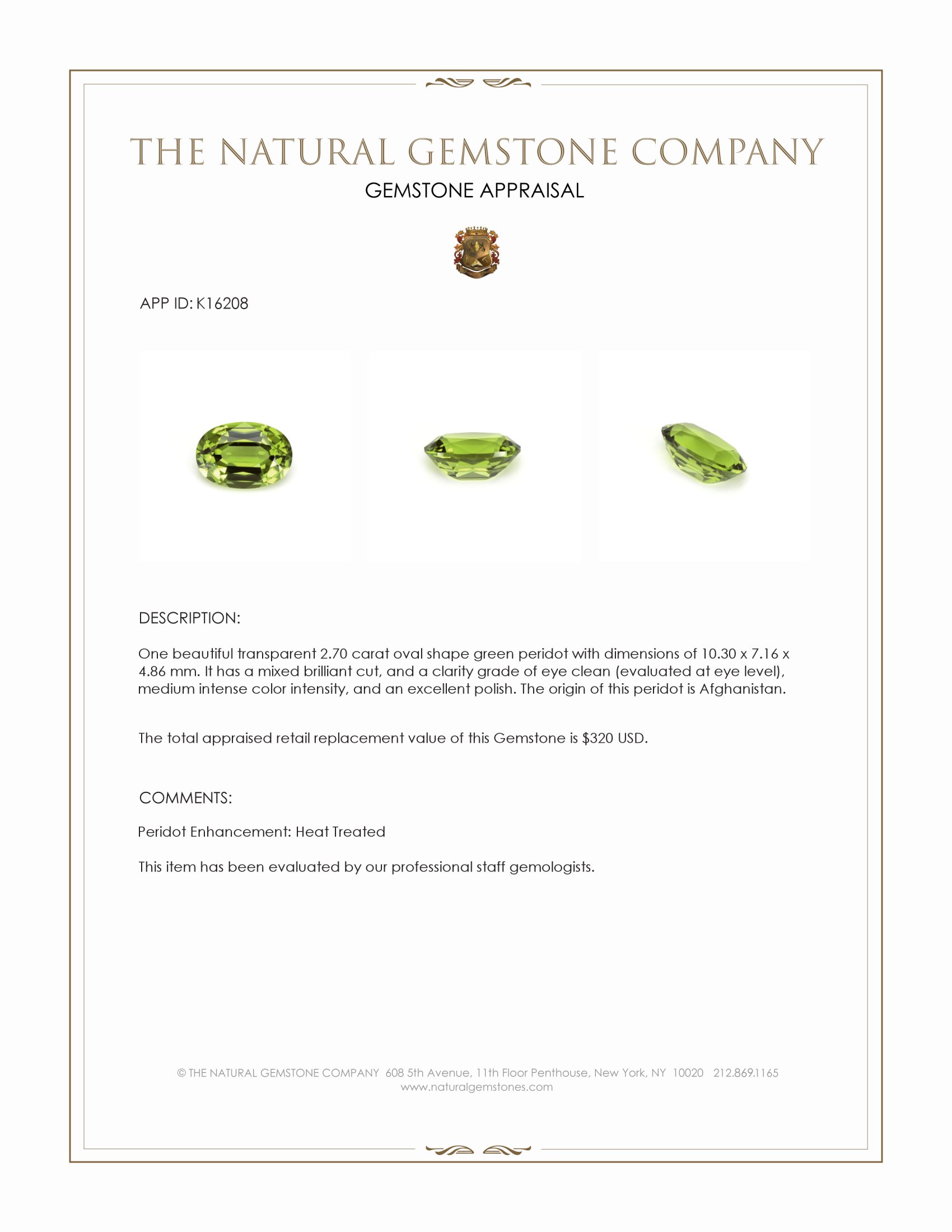 2.70 Ct. Green (Lime Green) Peridot from Afghanistan