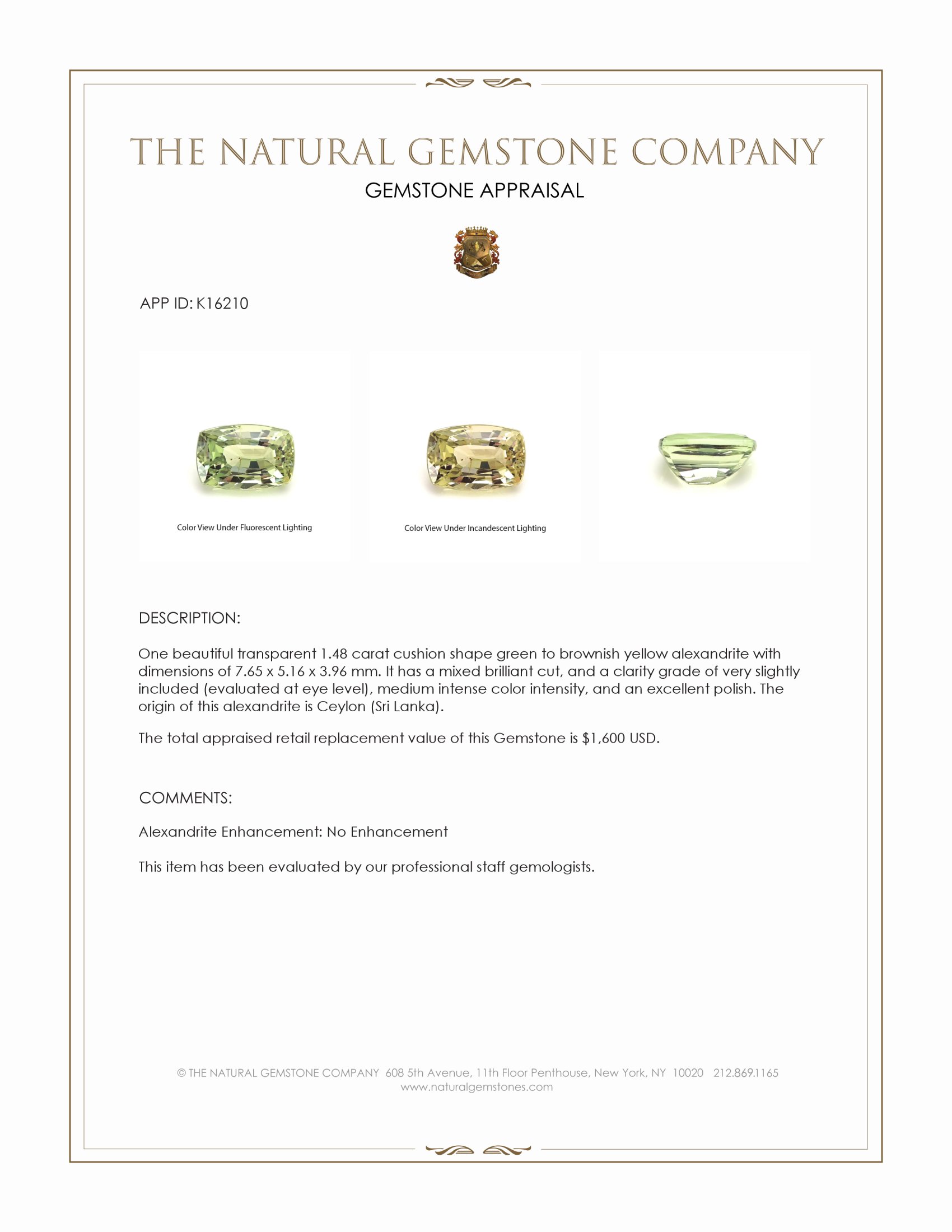 1.48 Ct. Alexandrite from Ceylon (Sri Lanka)