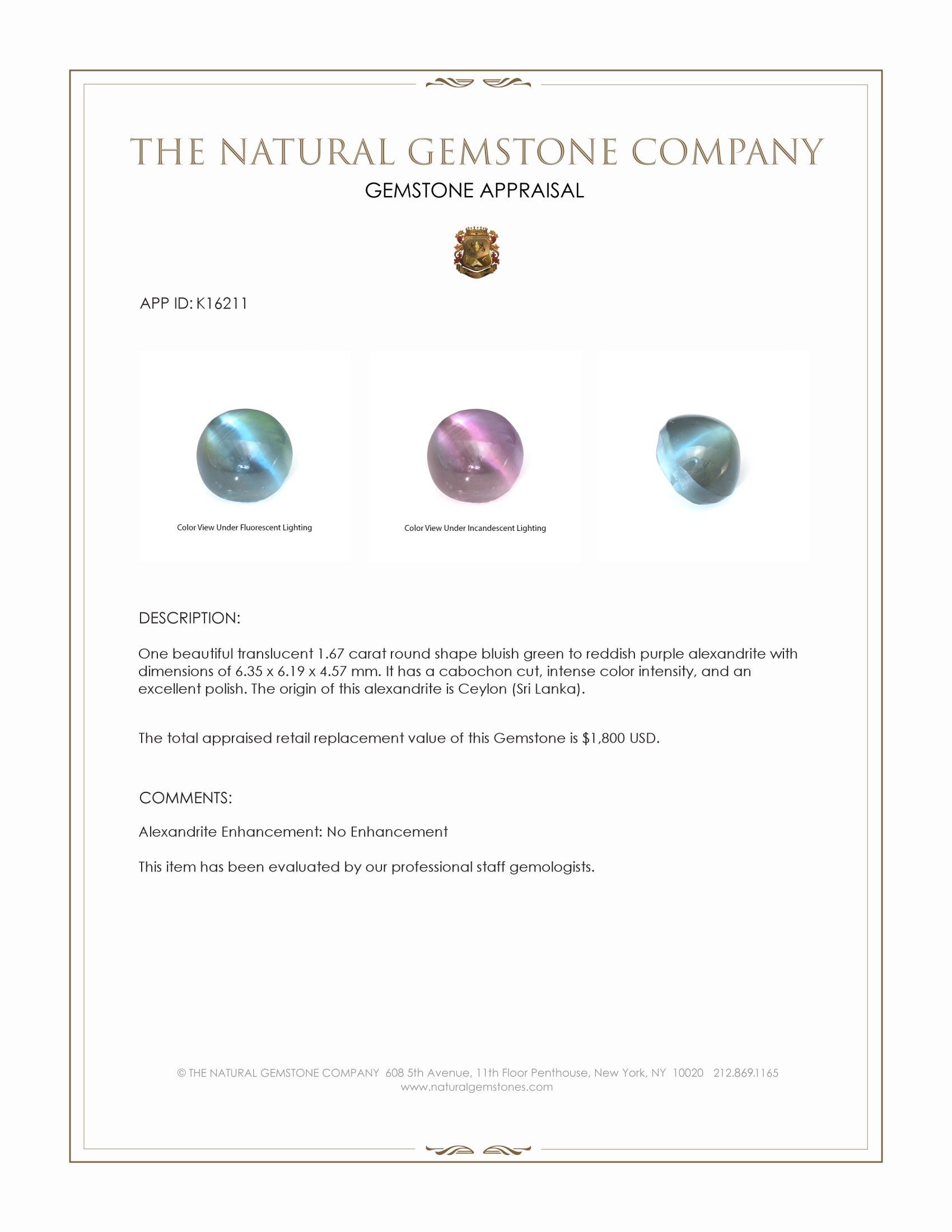 1.67 Ct. Cabochon Alexandrite from Ceylon (Sri Lanka)