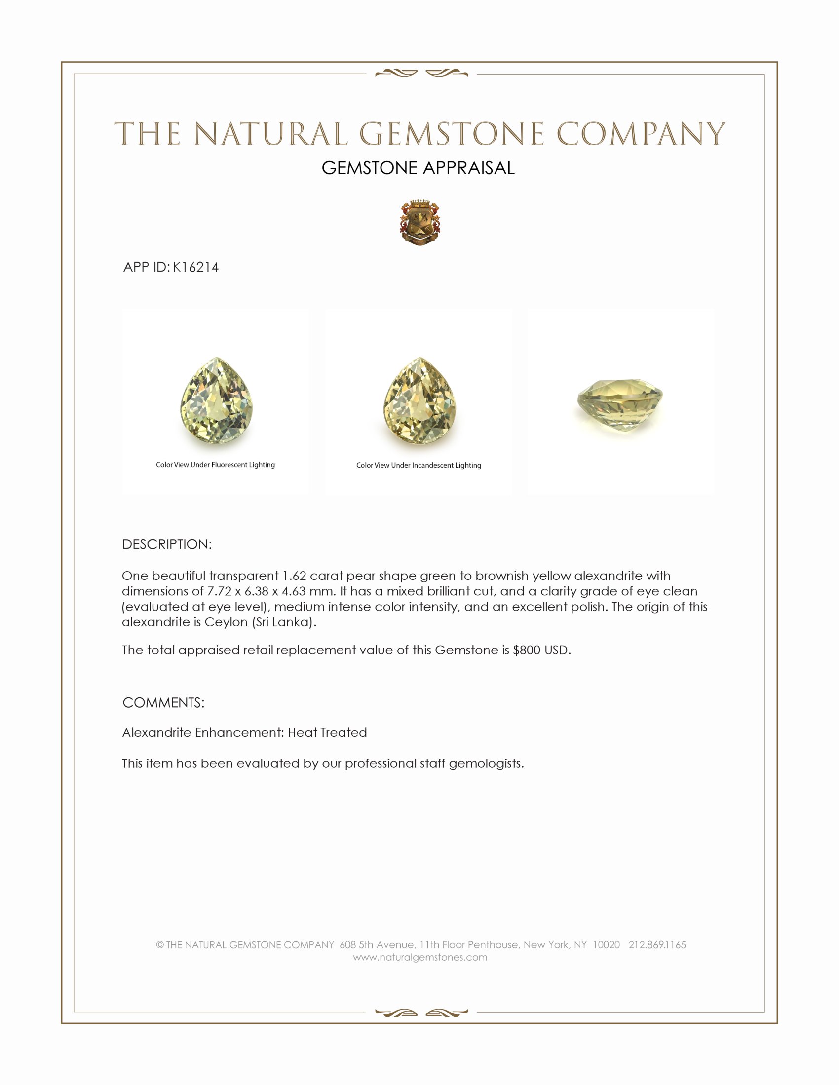 1.62 Ct. Alexandrite from Ceylon (Sri Lanka)