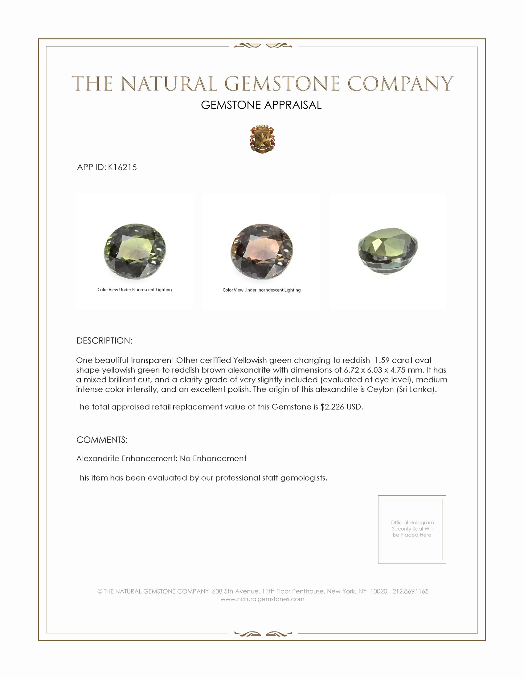 1.59 Ct. Alexandrite from Ceylon (Sri Lanka)