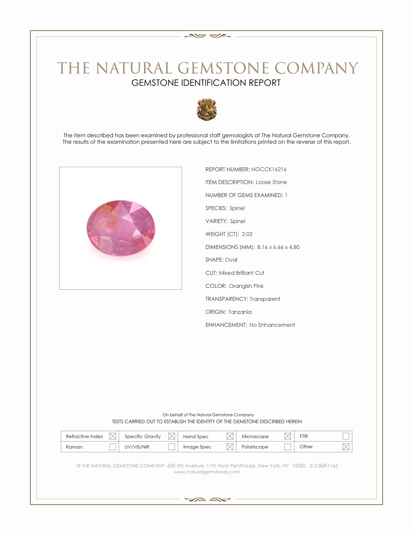2.02 Ct. Orangish Pink Spinel from Tanzania