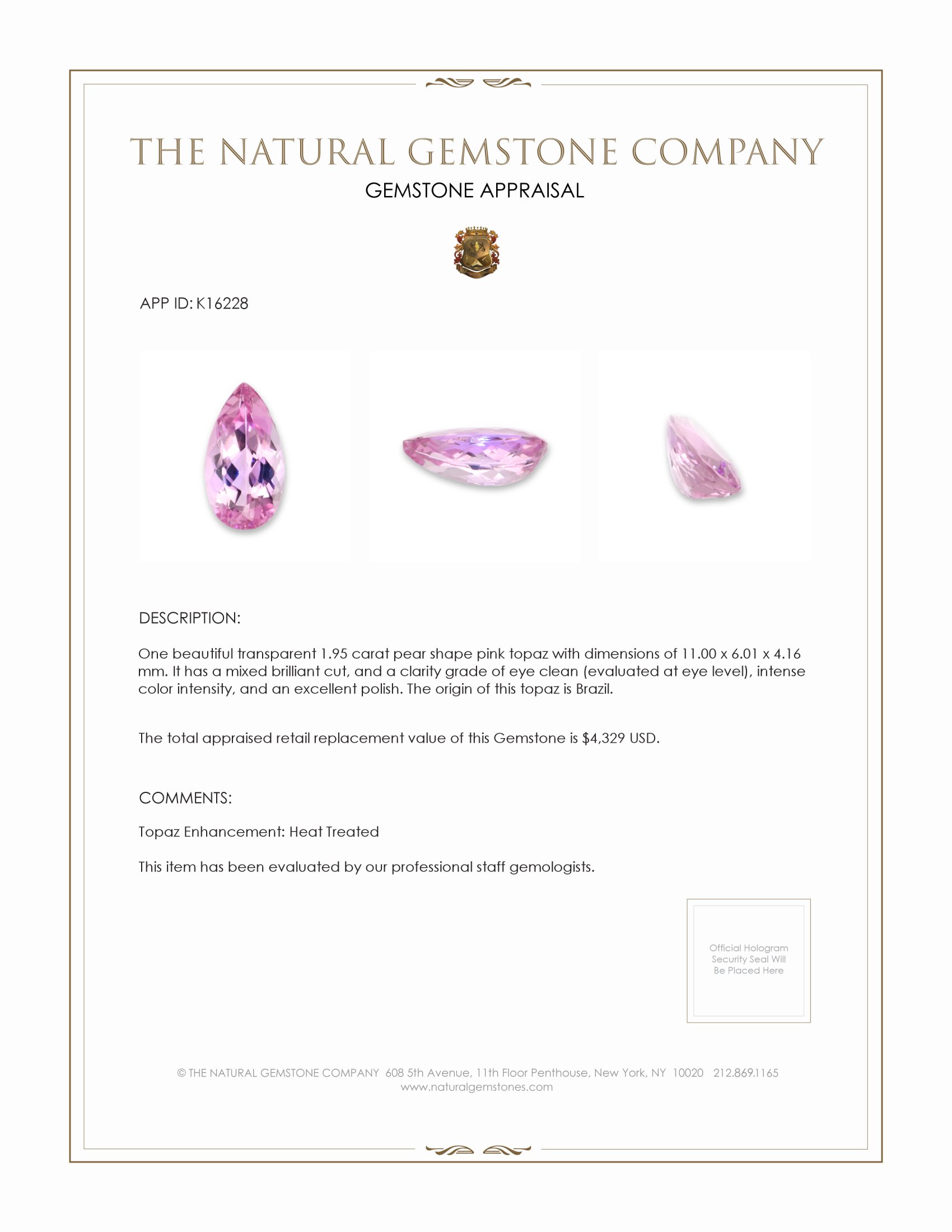 1.95 Ct. Pink Topaz from Brazil