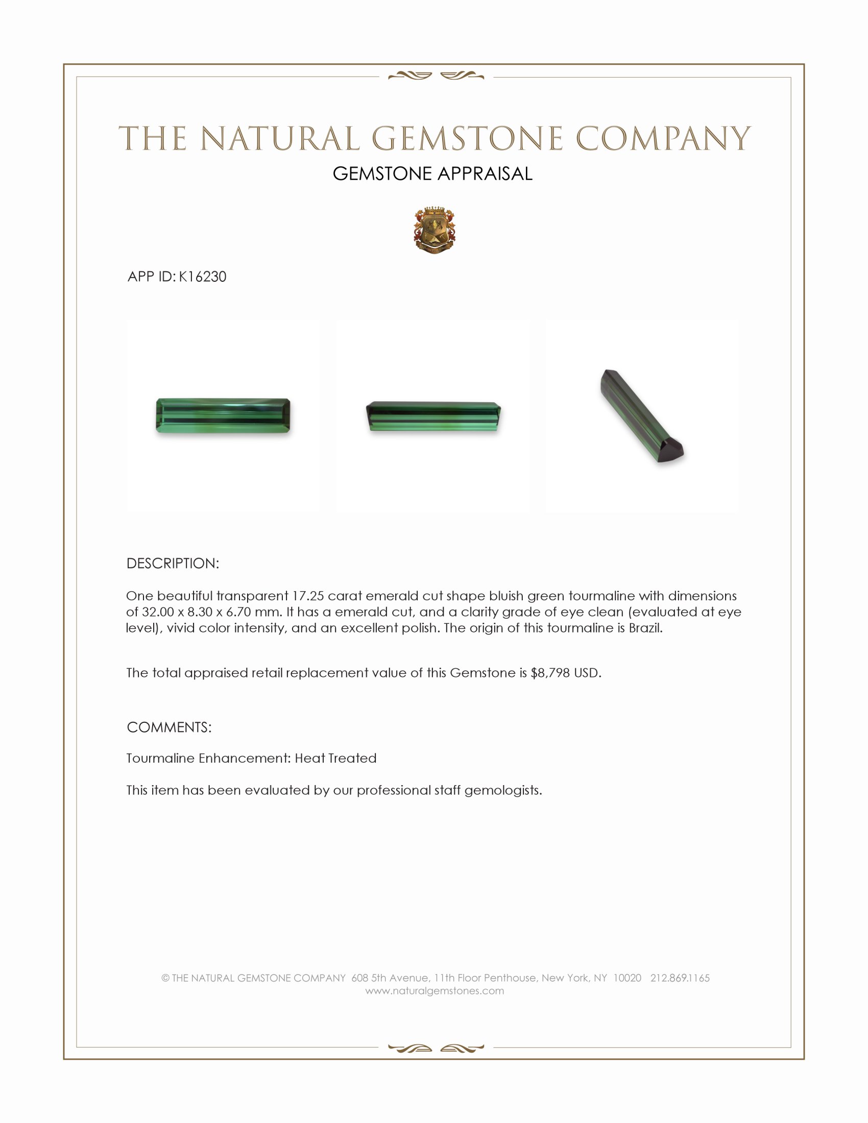 17.25 Ct. Bluish Green Tourmaline from Brazil