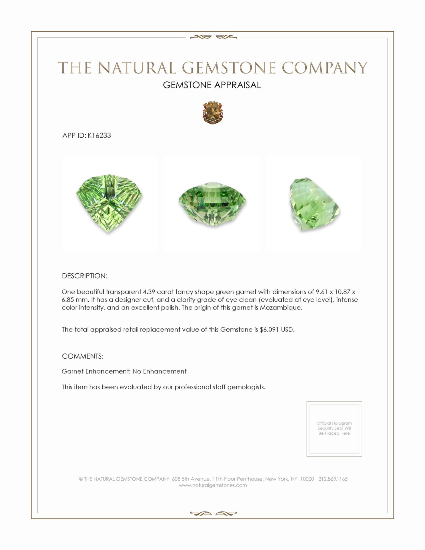 4.39 Ct. Garnet from Mozambique