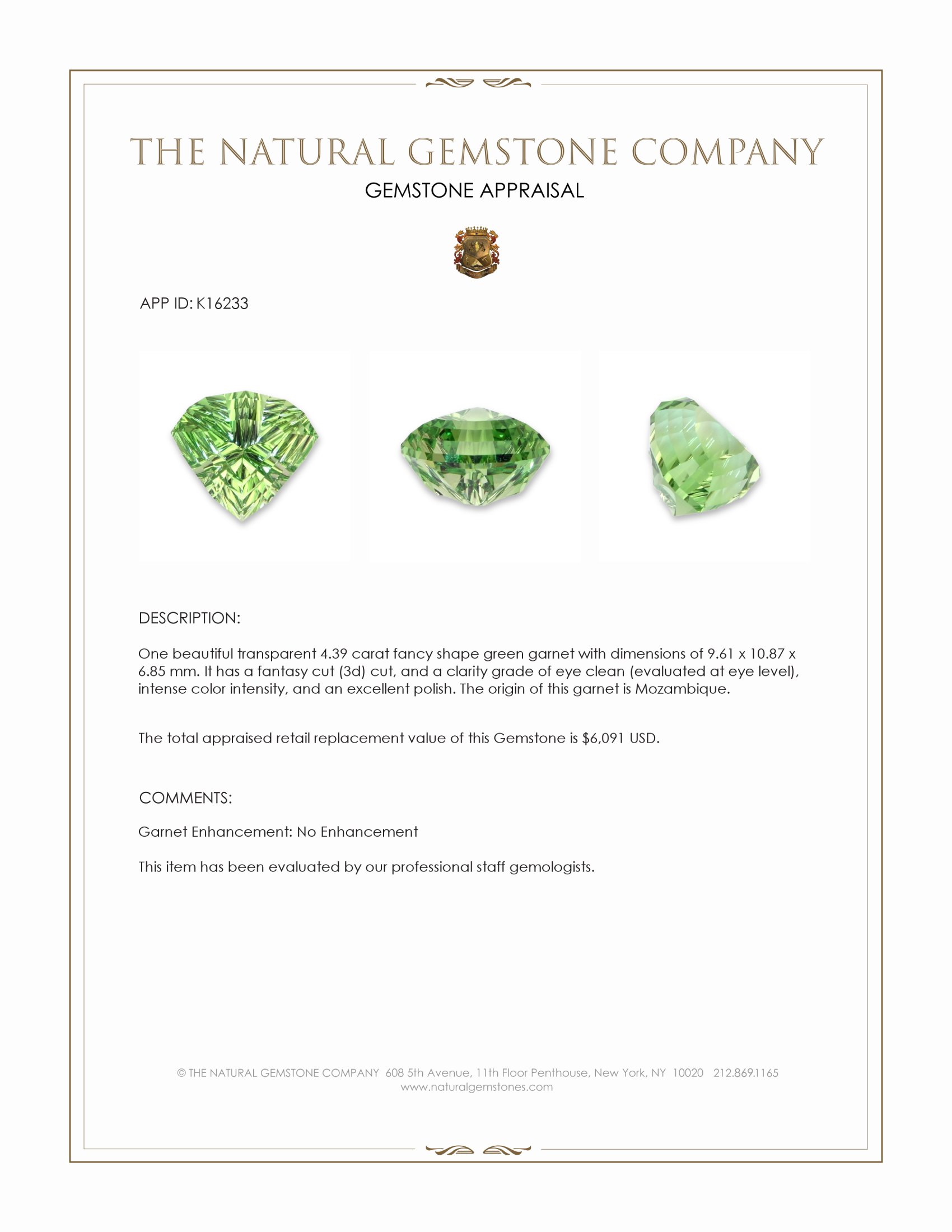 4.39 Ct. Green Garnet from Mozambique