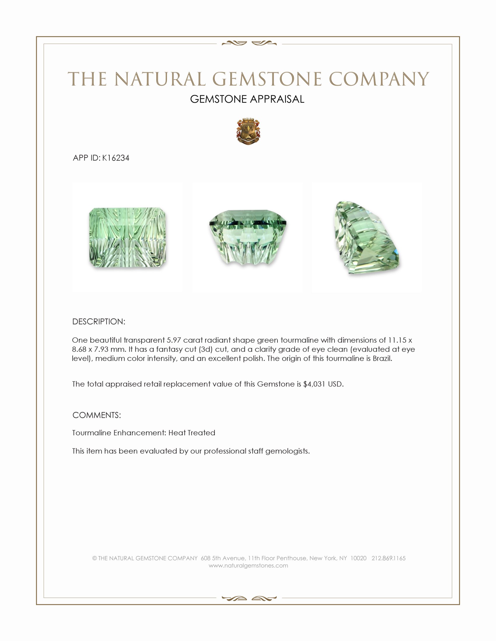 5.97 Ct. Green Tourmaline from Brazil