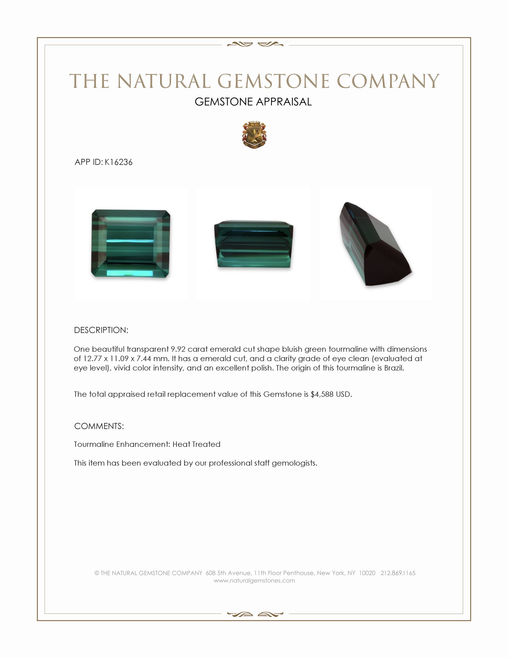 9.92 Ct. Bluish Green Tourmaline from Brazil