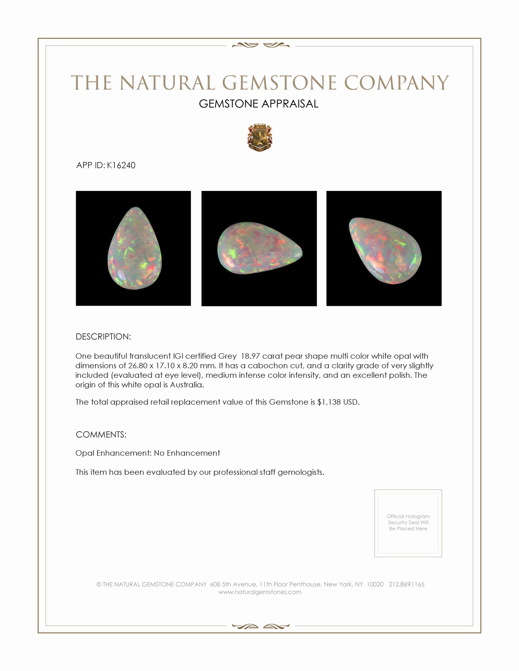 18.97 Ct. Cabochon White Opal from Australia