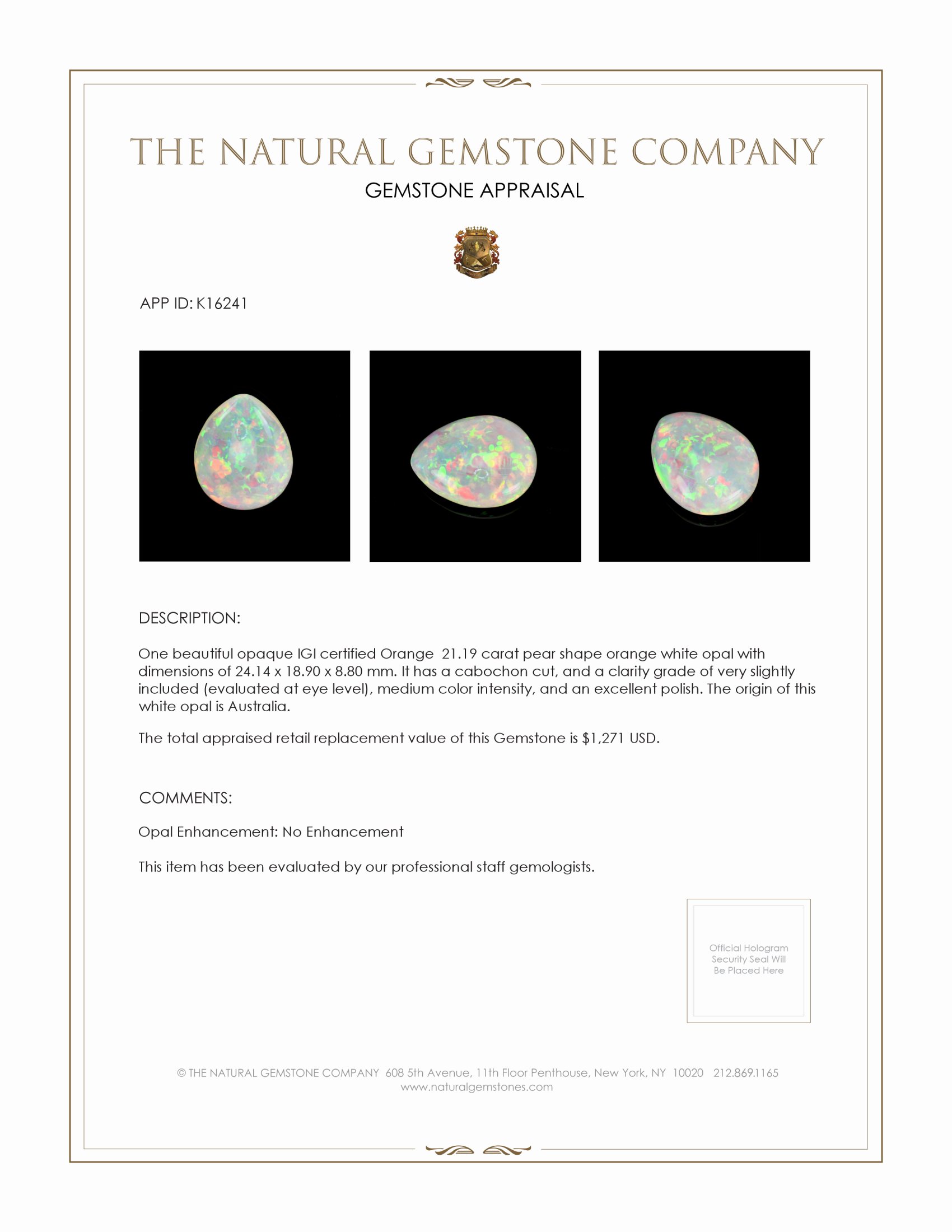 21.19 Ct. Cabochon White Opal from Australia