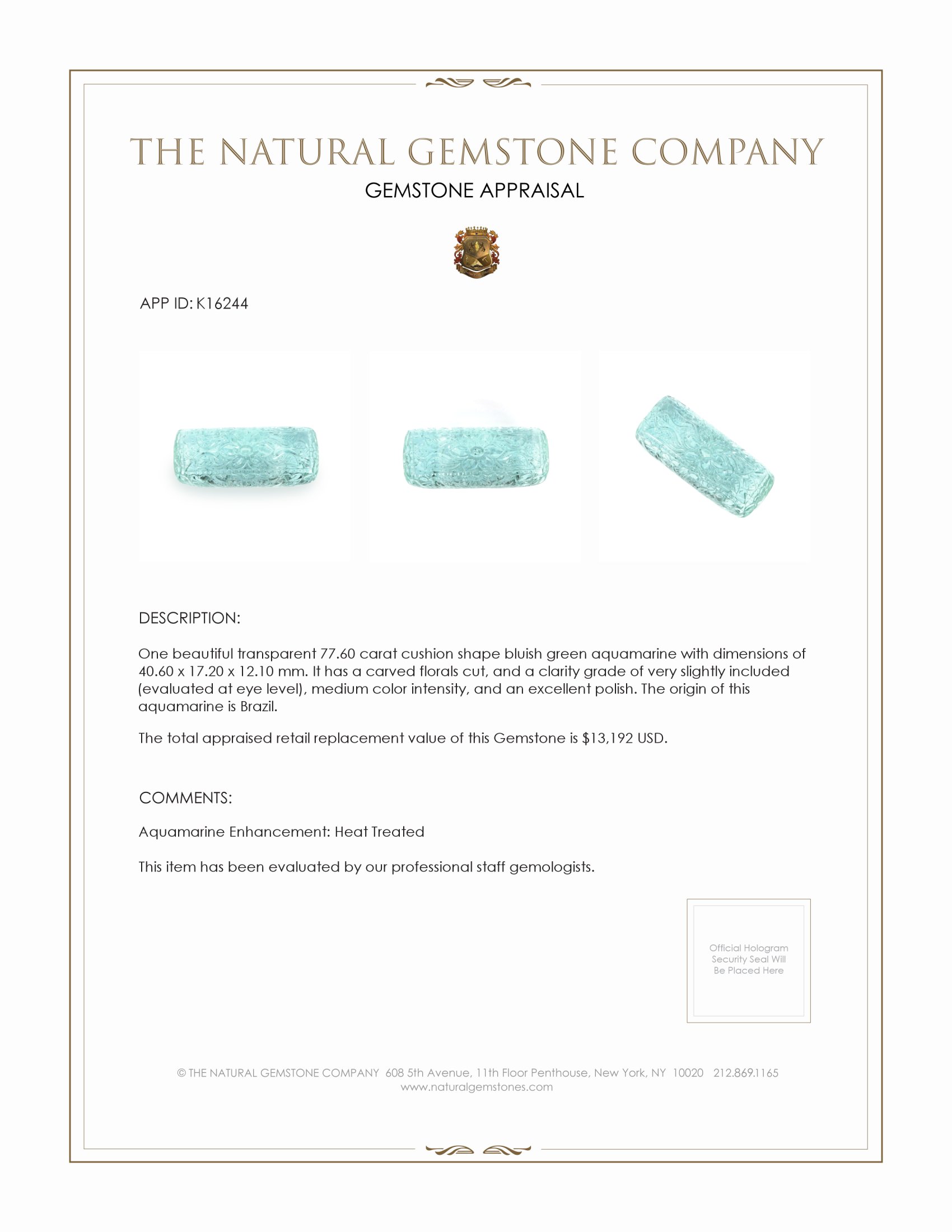 77.60 Ct. Aquamarine from Brazil