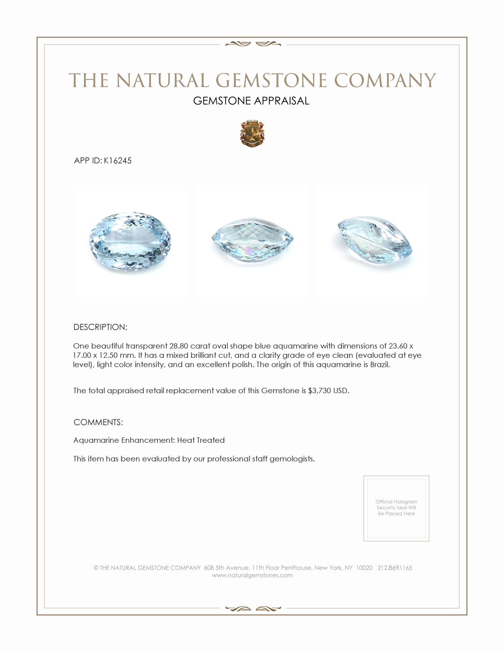 28.80 Ct. Aquamarine from Brazil