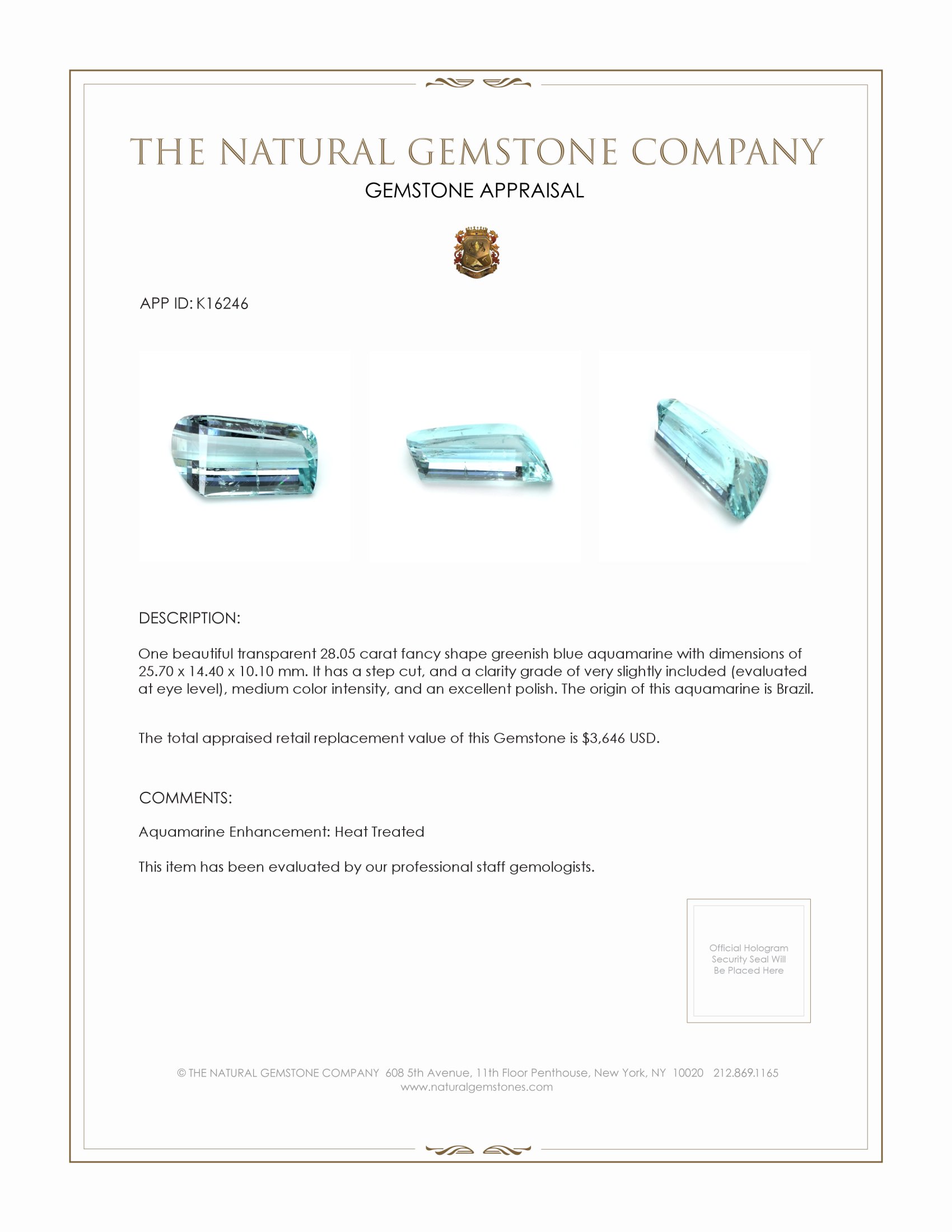 28.05 Ct. Aquamarine from Brazil