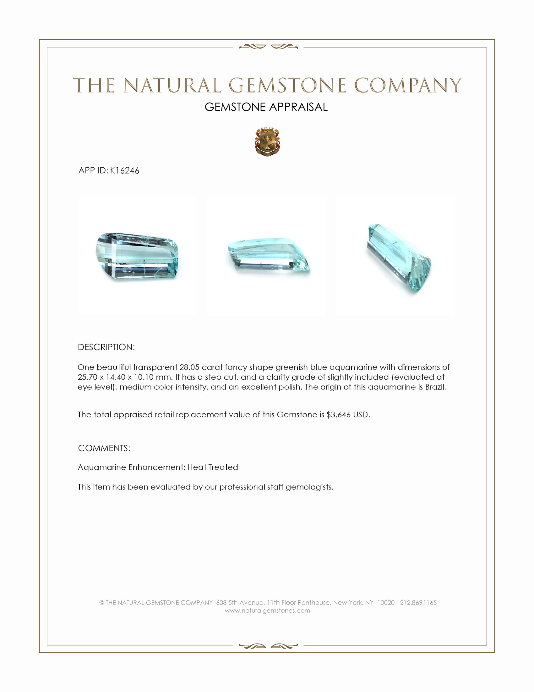 28.05 Ct. Greenish Blue Aquamarine from Brazil