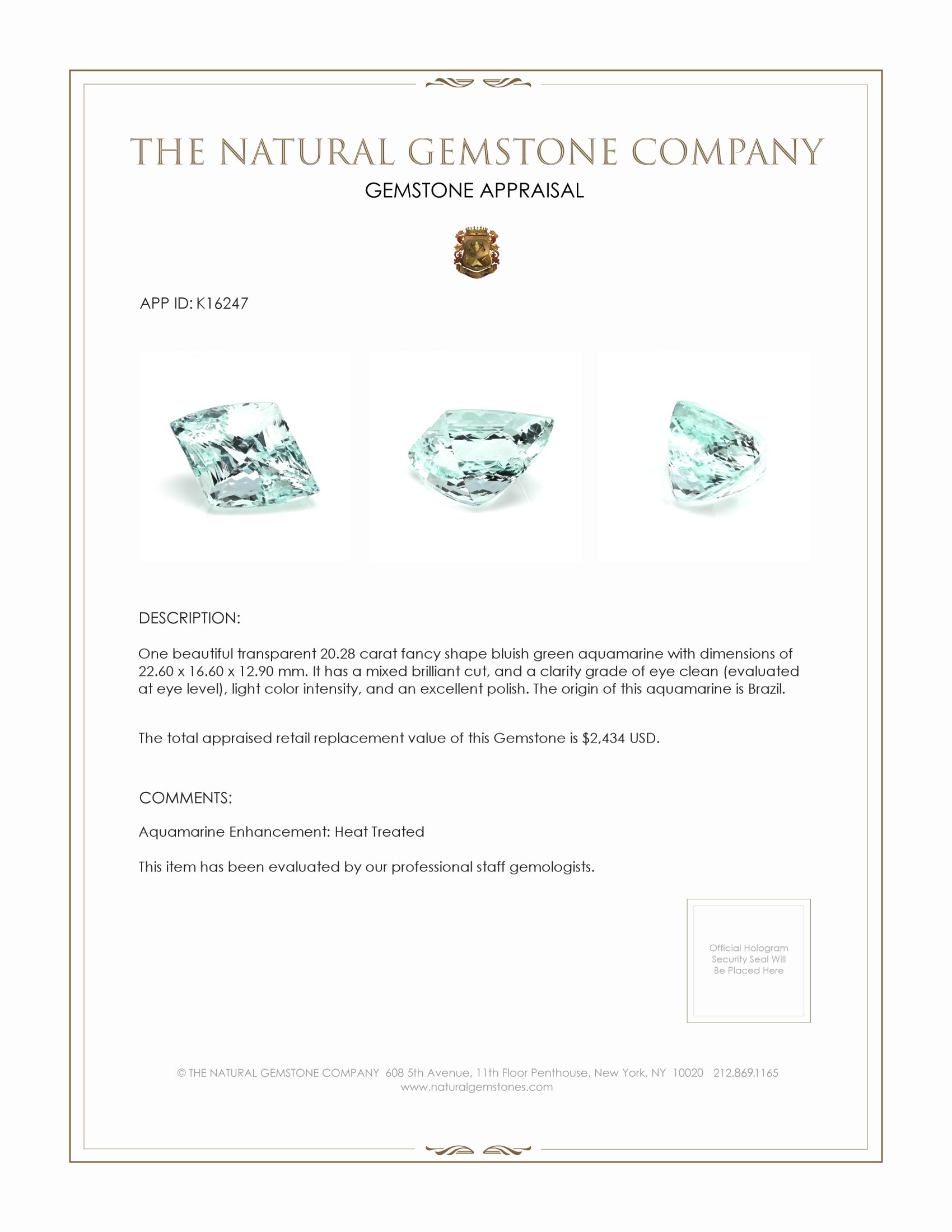 20.28 Ct. Greenish Blue Aquamarine from Brazil