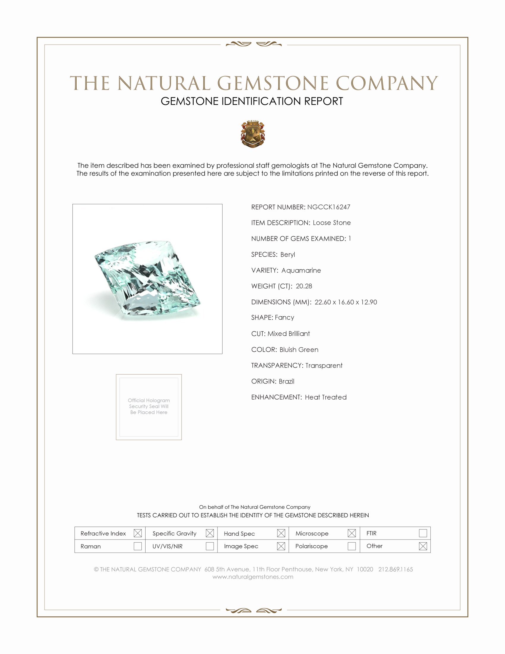 20.28 Ct. Greenish Blue Aquamarine from Brazil