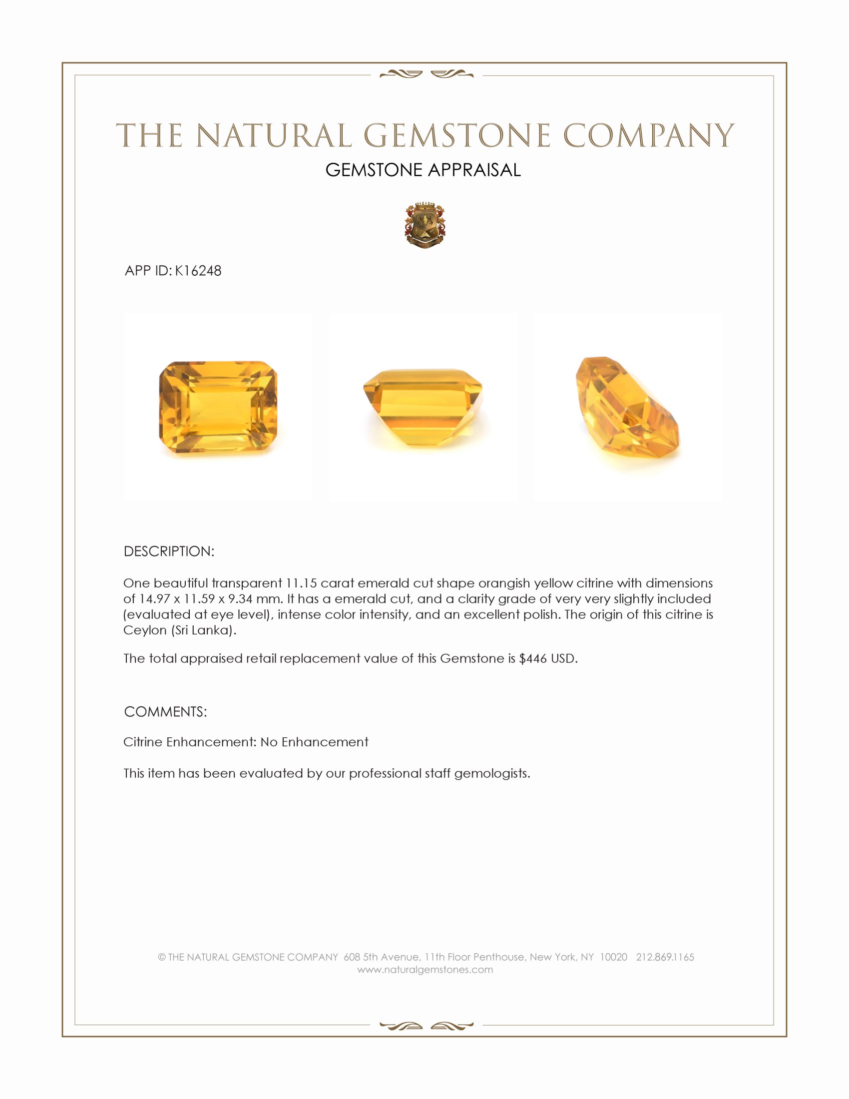 11.15 Ct. Citrine from Ceylon (Sri Lanka)