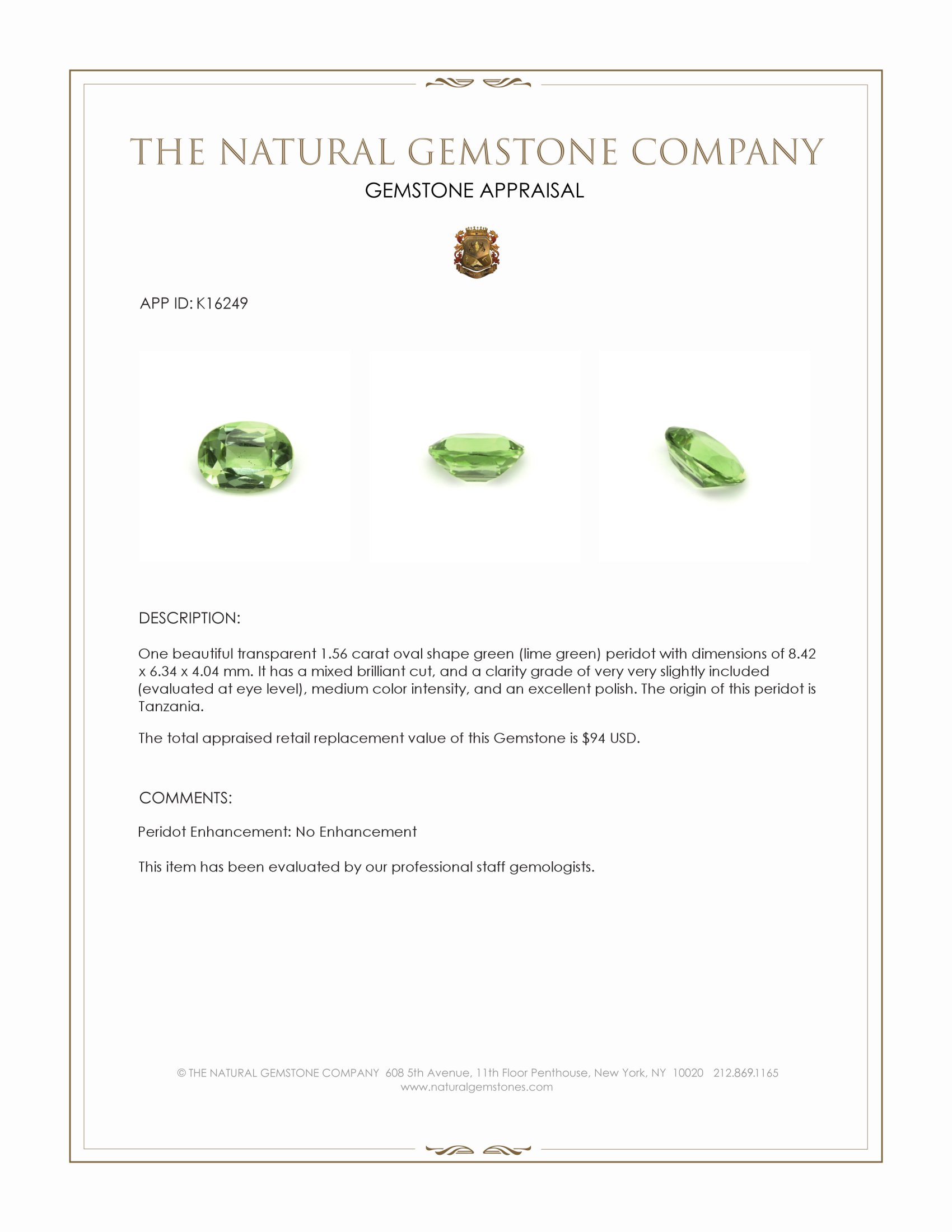 1.56 Ct. Green (Lime Green) Peridot from Tanzania