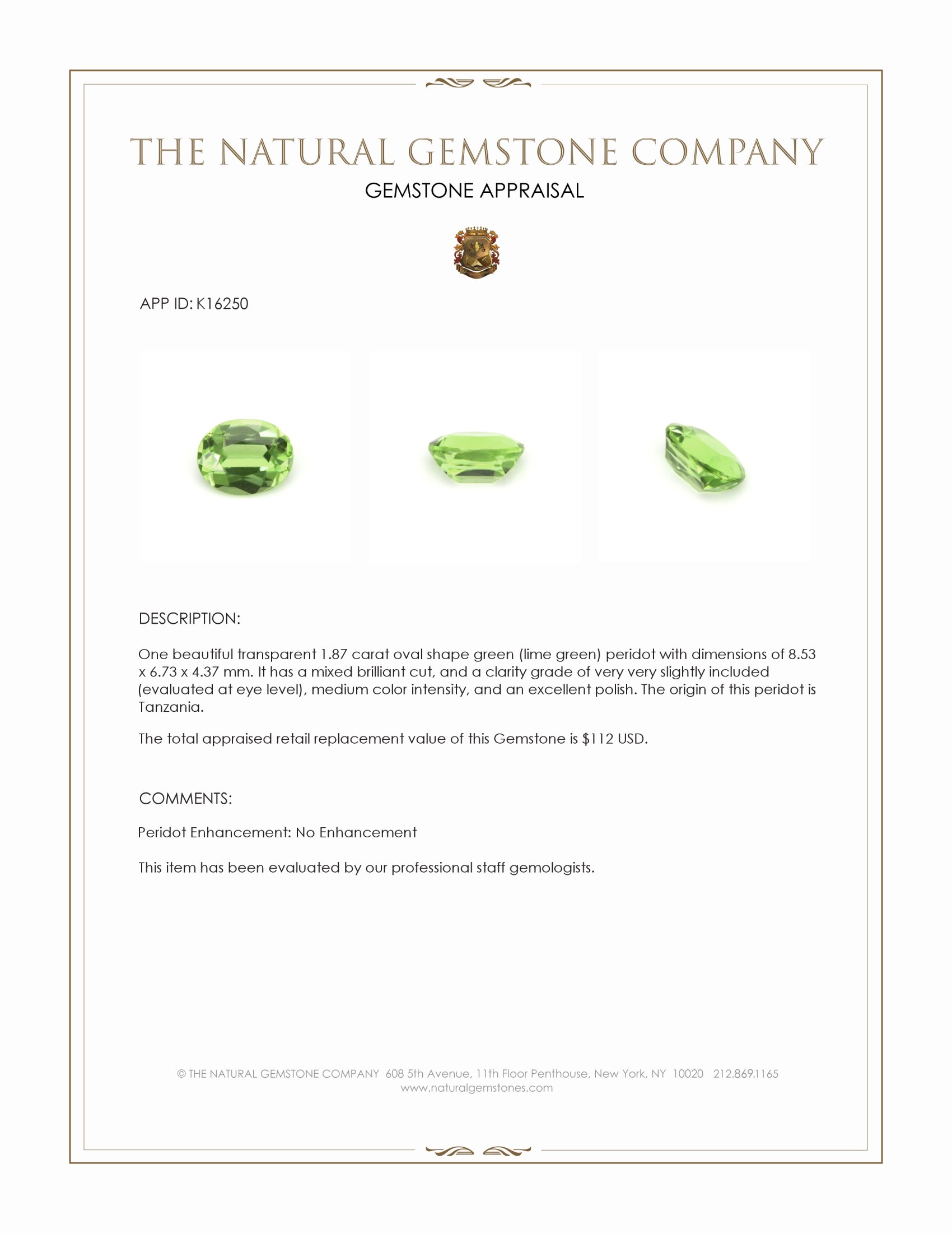 1.87 Ct. Green (Lime Green) Peridot from Tanzania