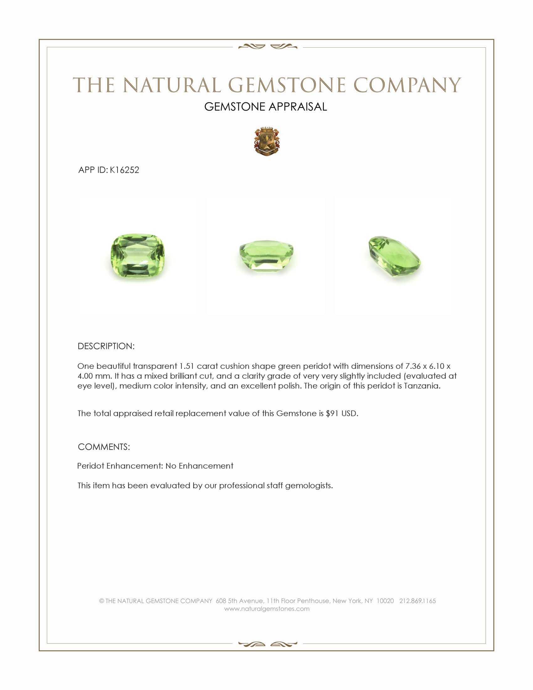1.51 Ct. Green (Lime Green) Peridot from Tanzania